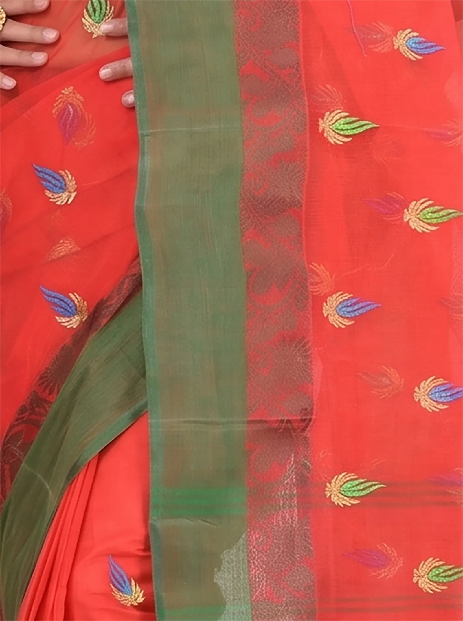 DipDiya Pure Cotton  Traditional Bengali Red Artisan Crafted Dip Embro Embroidery Tant Saree
