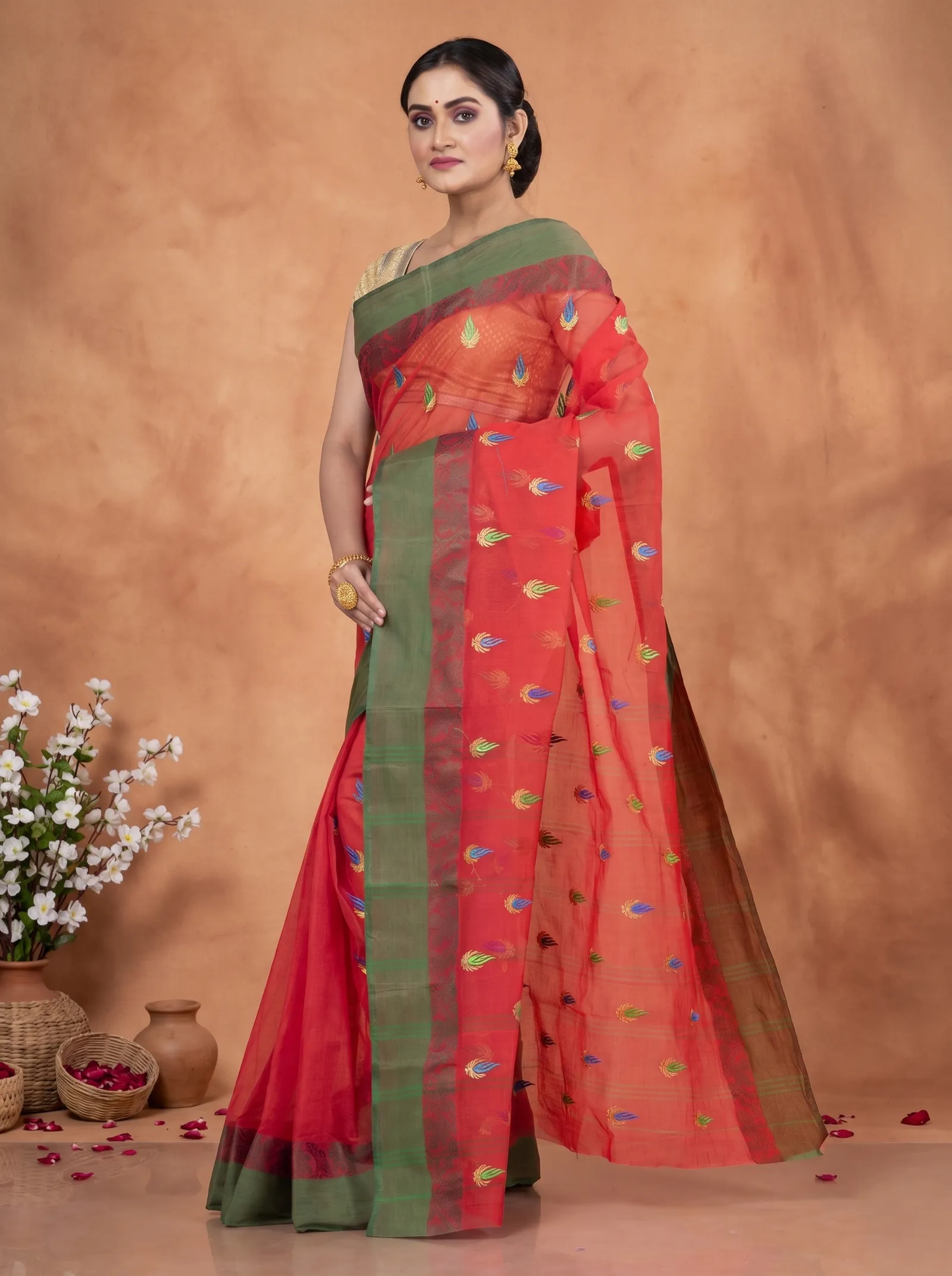 DipDiya Pure Cotton  Traditional Bengali Red Artisan Crafted Dip Embro Embroidery Tant Saree