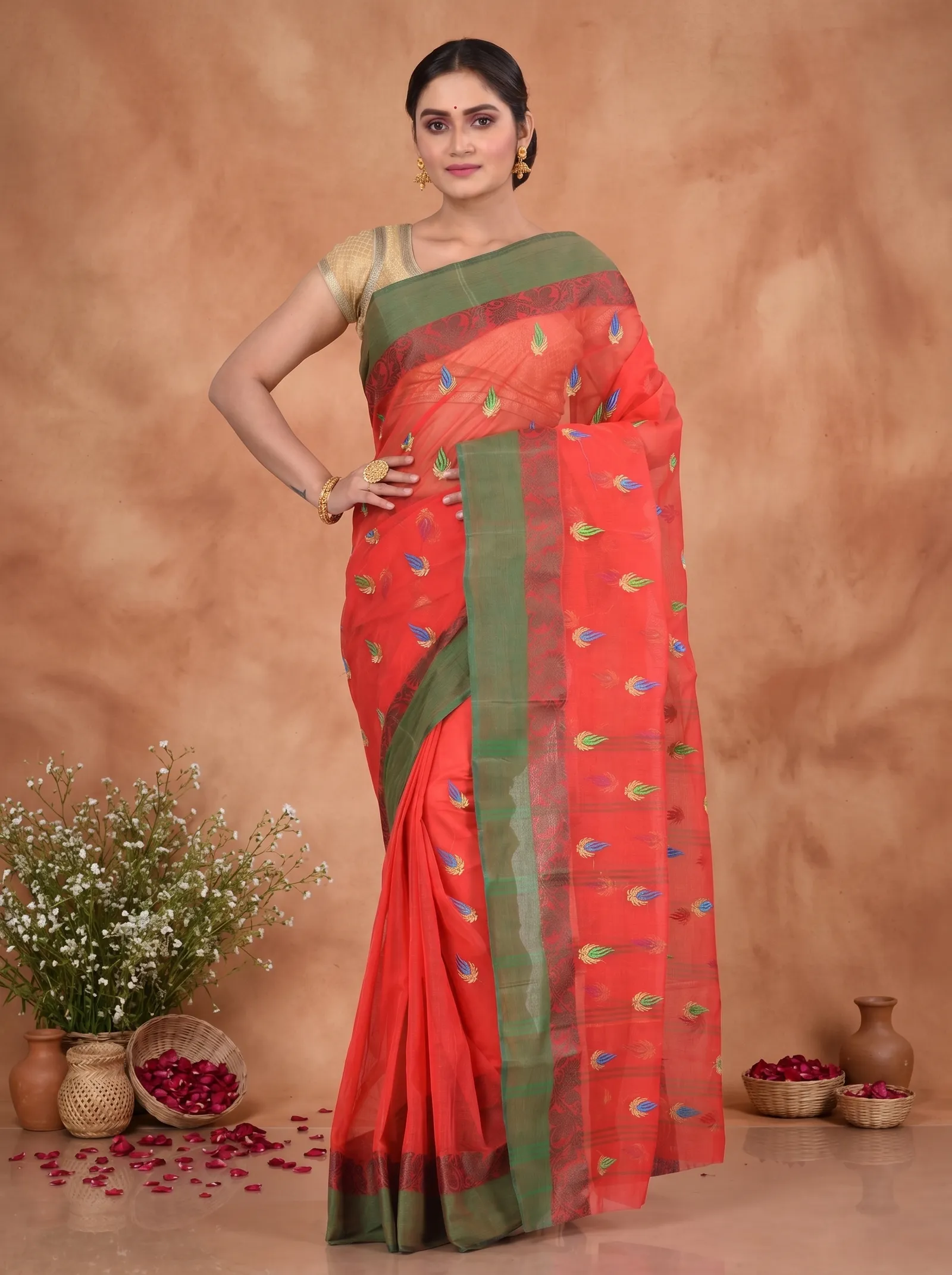 DipDiya Pure Cotton  Traditional Bengali Red Artisan Crafted Dip Embro Embroidery Tant Saree