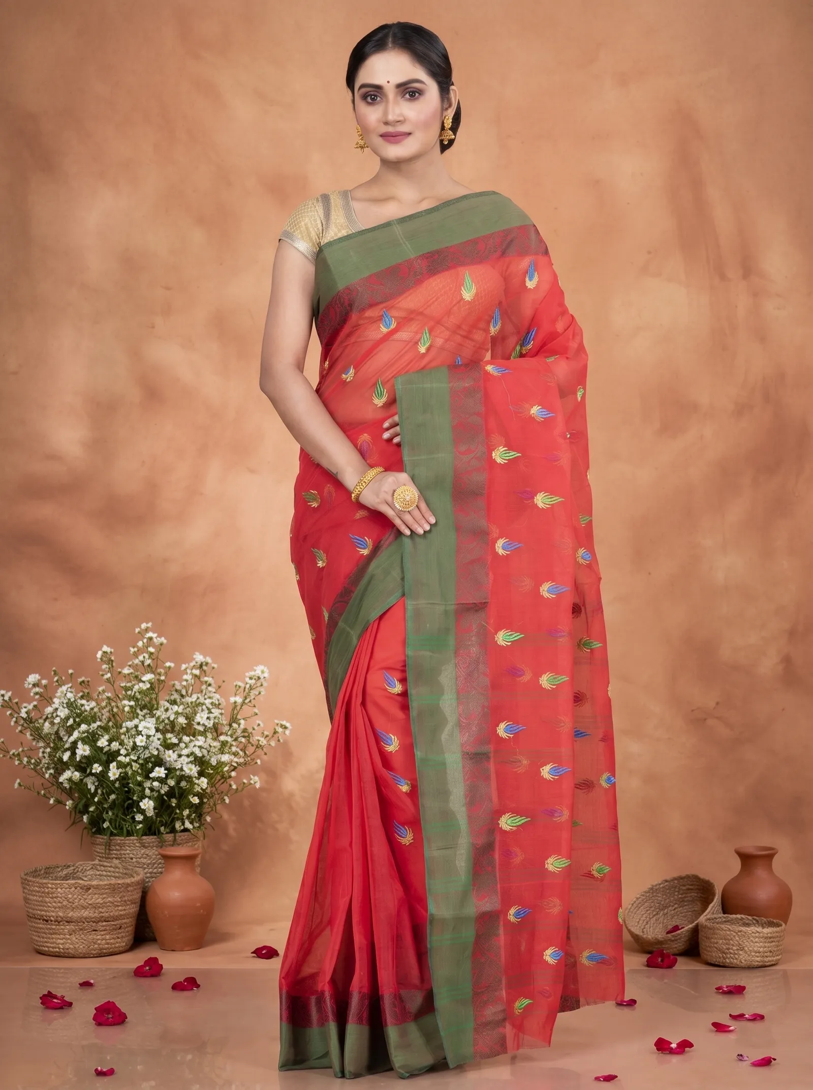 DipDiya Pure Cotton  Traditional Bengali Red Artisan Crafted Dip Embro Embroidery Tant Saree