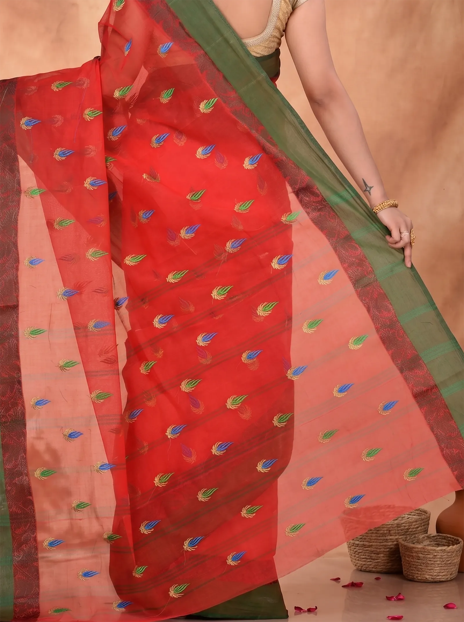 DipDiya Pure Cotton  Traditional Bengali Red Artisan Crafted Dip Embro Embroidery Tant Saree