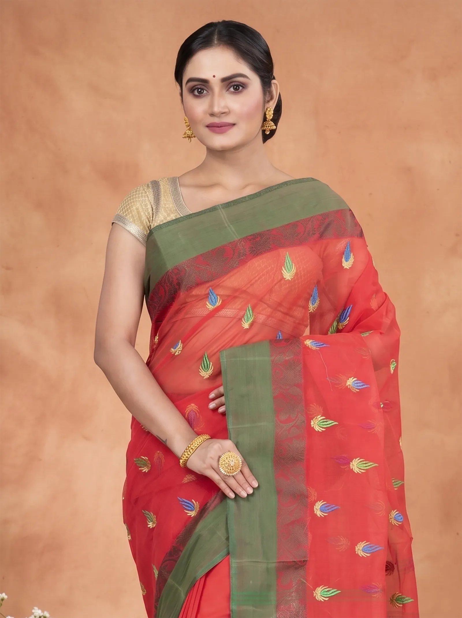 DipDiya Pure Cotton  Traditional Bengali Red Artisan Crafted Dip Embro Embroidery Tant Saree