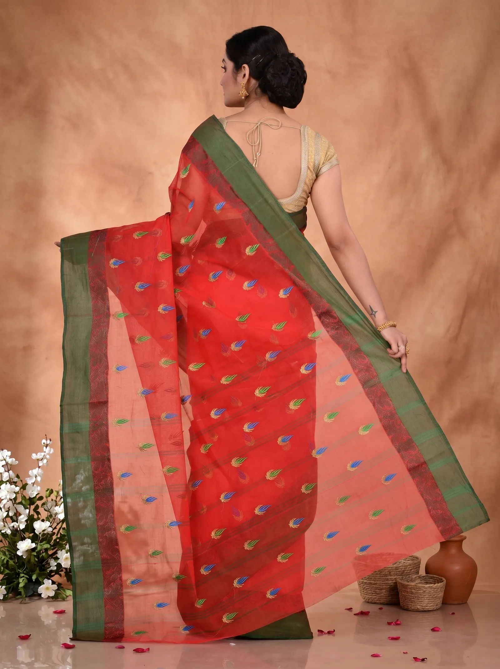 DipDiya Pure Cotton  Traditional Bengali Red Artisan Crafted Dip Embro Embroidery Tant Saree