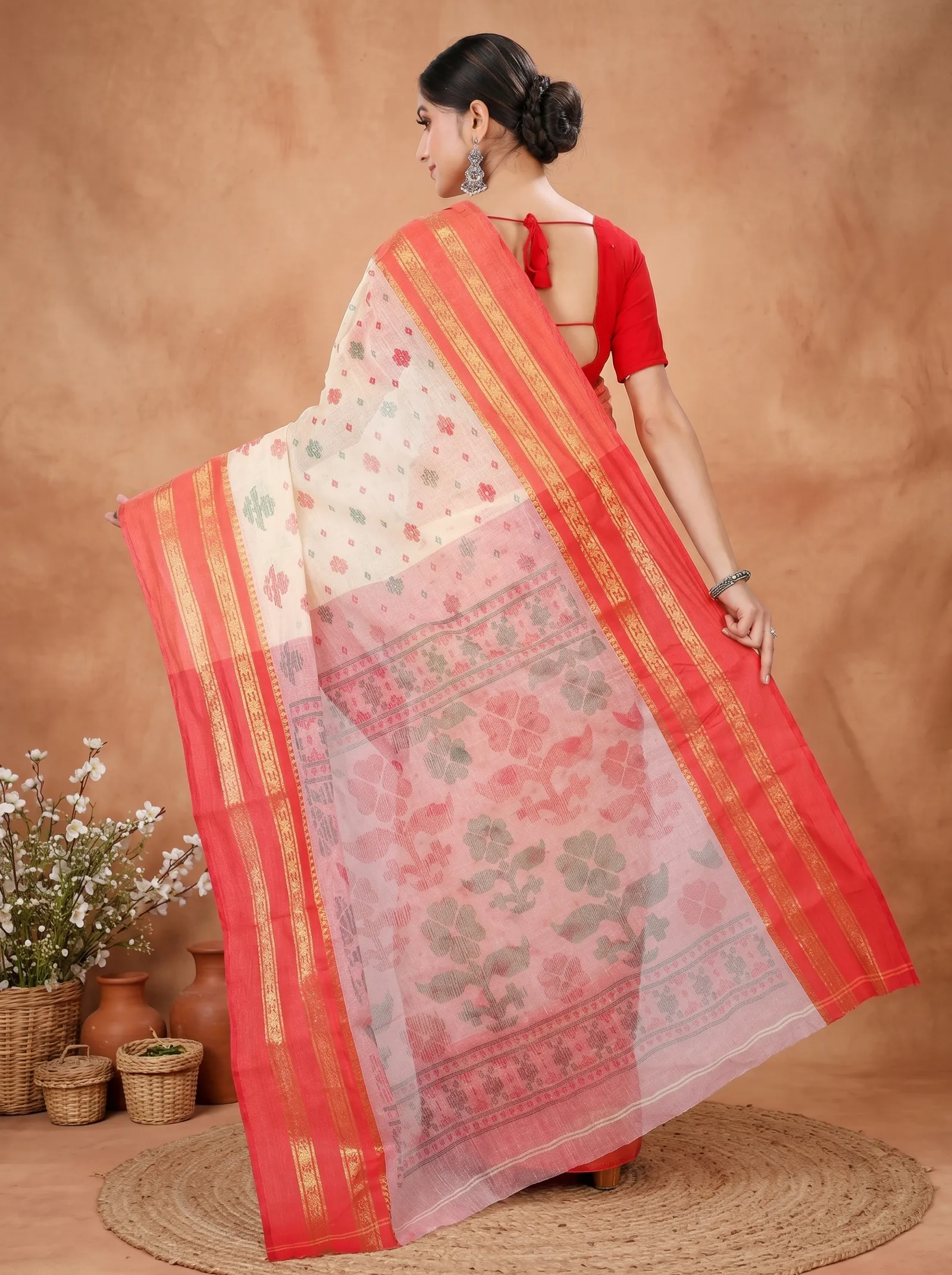 DipDiya Pure Cotton  Traditional Bengali Red Artisan Crafted FullBall Print Printed Tant Saree