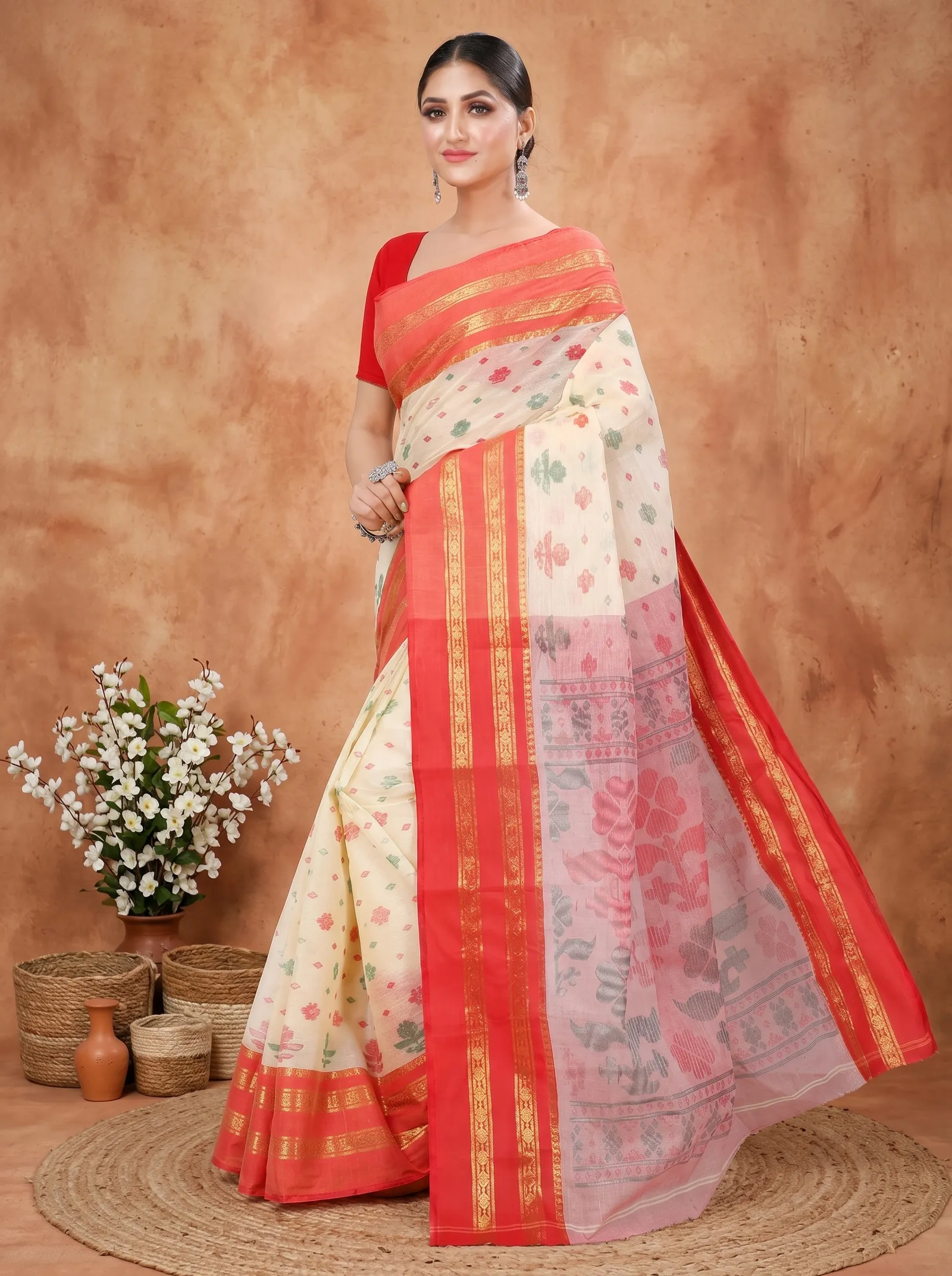 DipDiya Pure Cotton  Traditional Bengali Red Artisan Crafted FullBall Print Printed Tant Saree