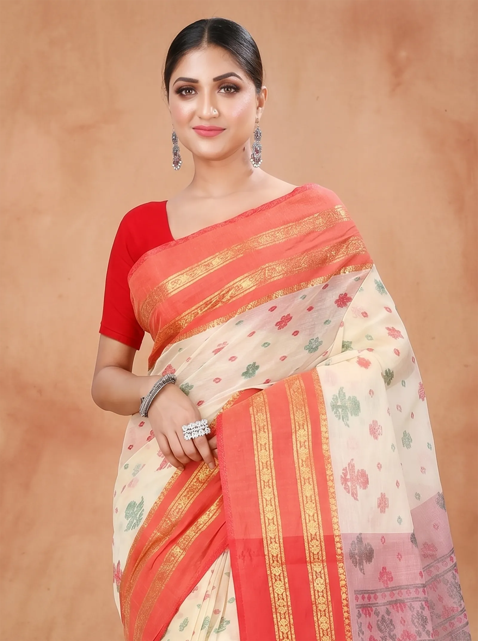 DipDiya Pure Cotton  Traditional Bengali Red Artisan Crafted FullBall Print Printed Tant Saree