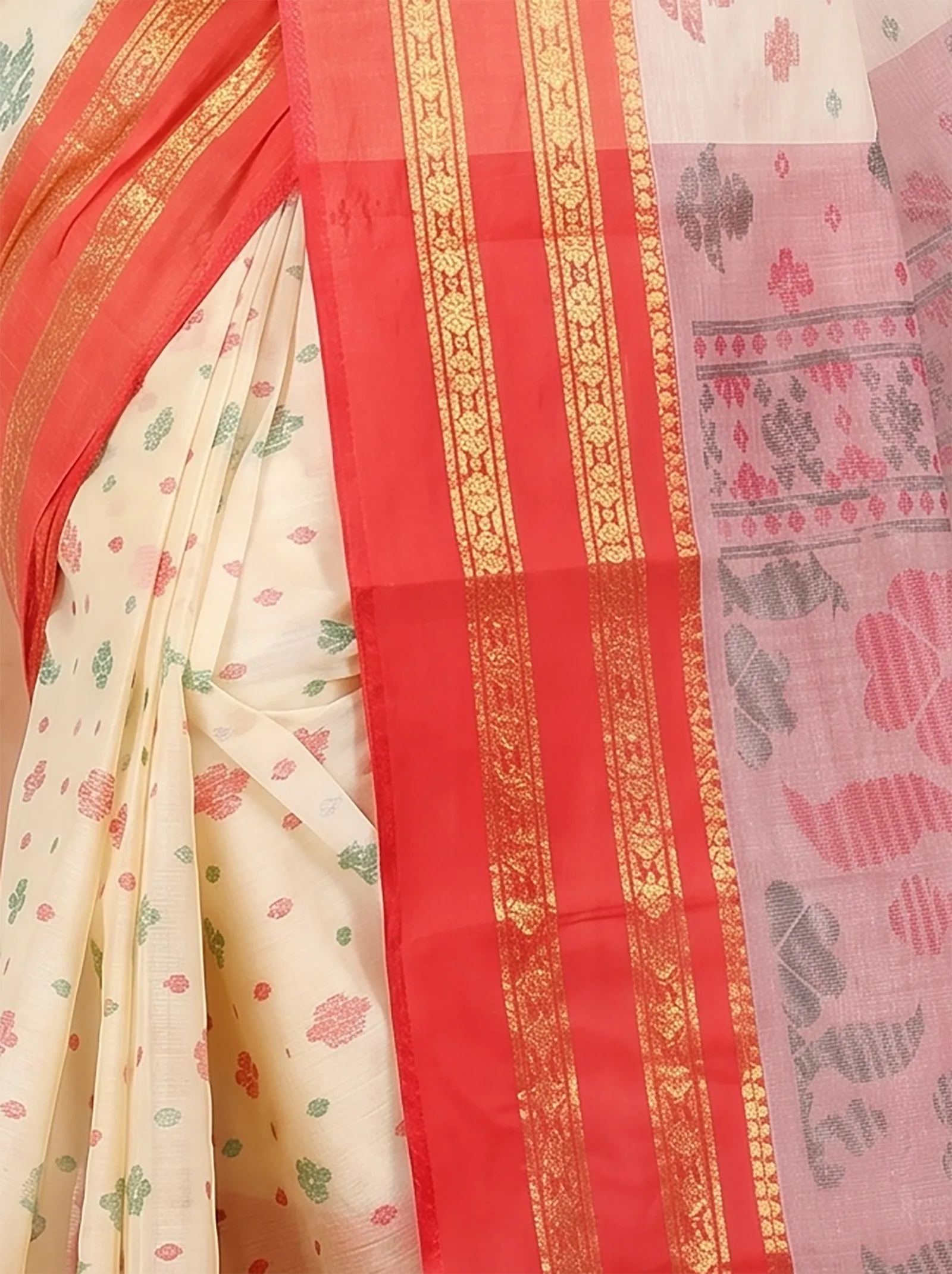 DipDiya Pure Cotton  Traditional Bengali Red Artisan Crafted FullBall Print Printed Tant Saree