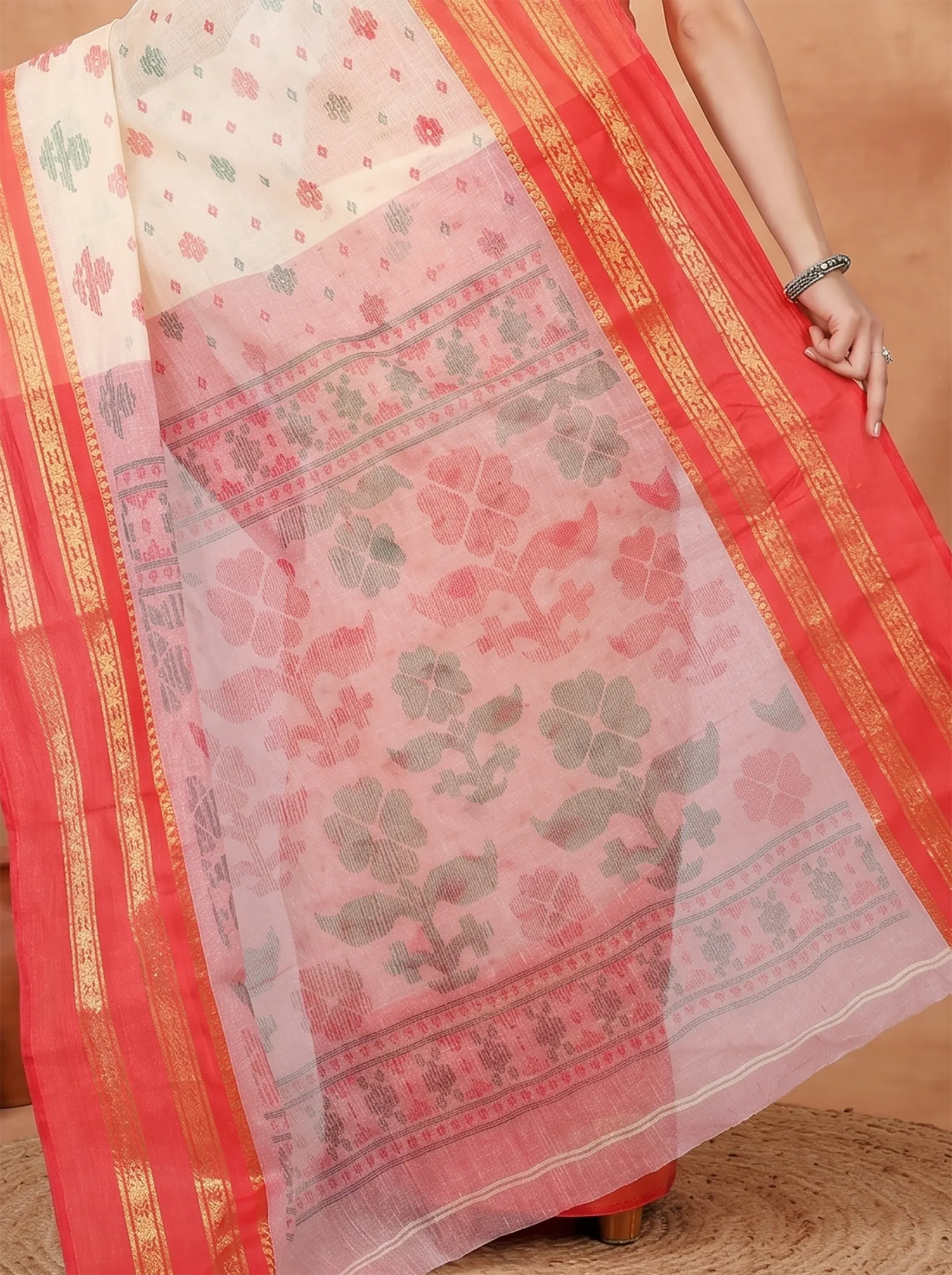 DipDiya Pure Cotton  Traditional Bengali Red Artisan Crafted FullBall Print Printed Tant Saree