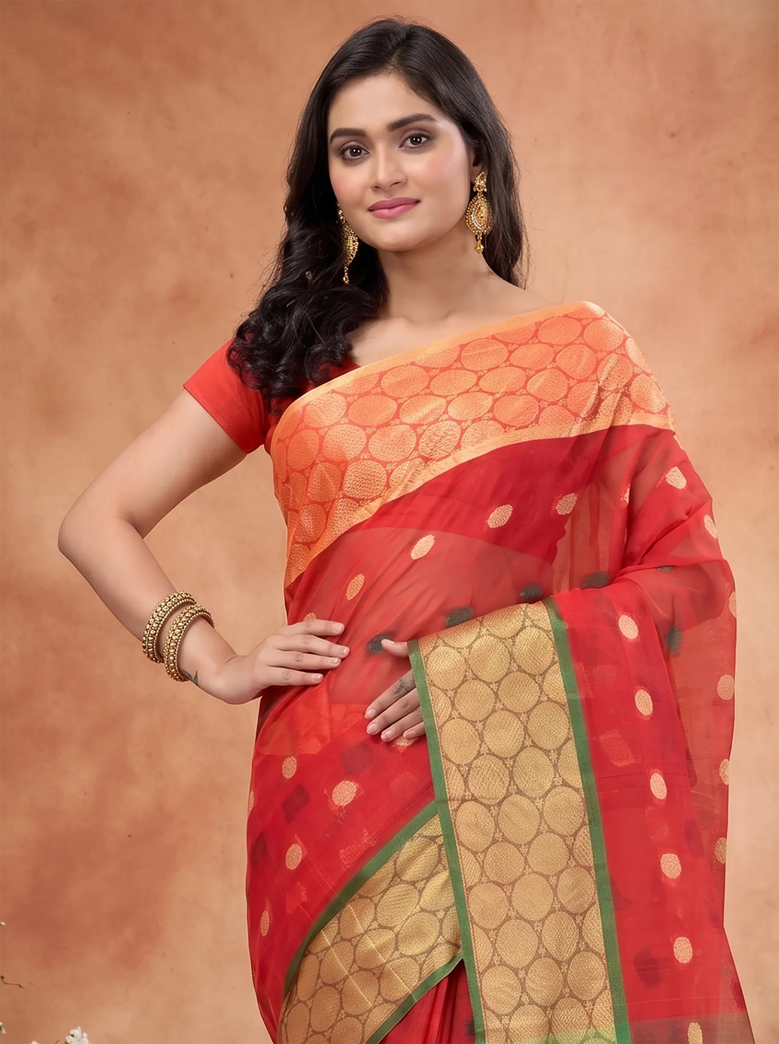 DipDiya Pure Cotton  Traditional Bengali Red Artisan Crafted Ganga Jamuna Tant Saree