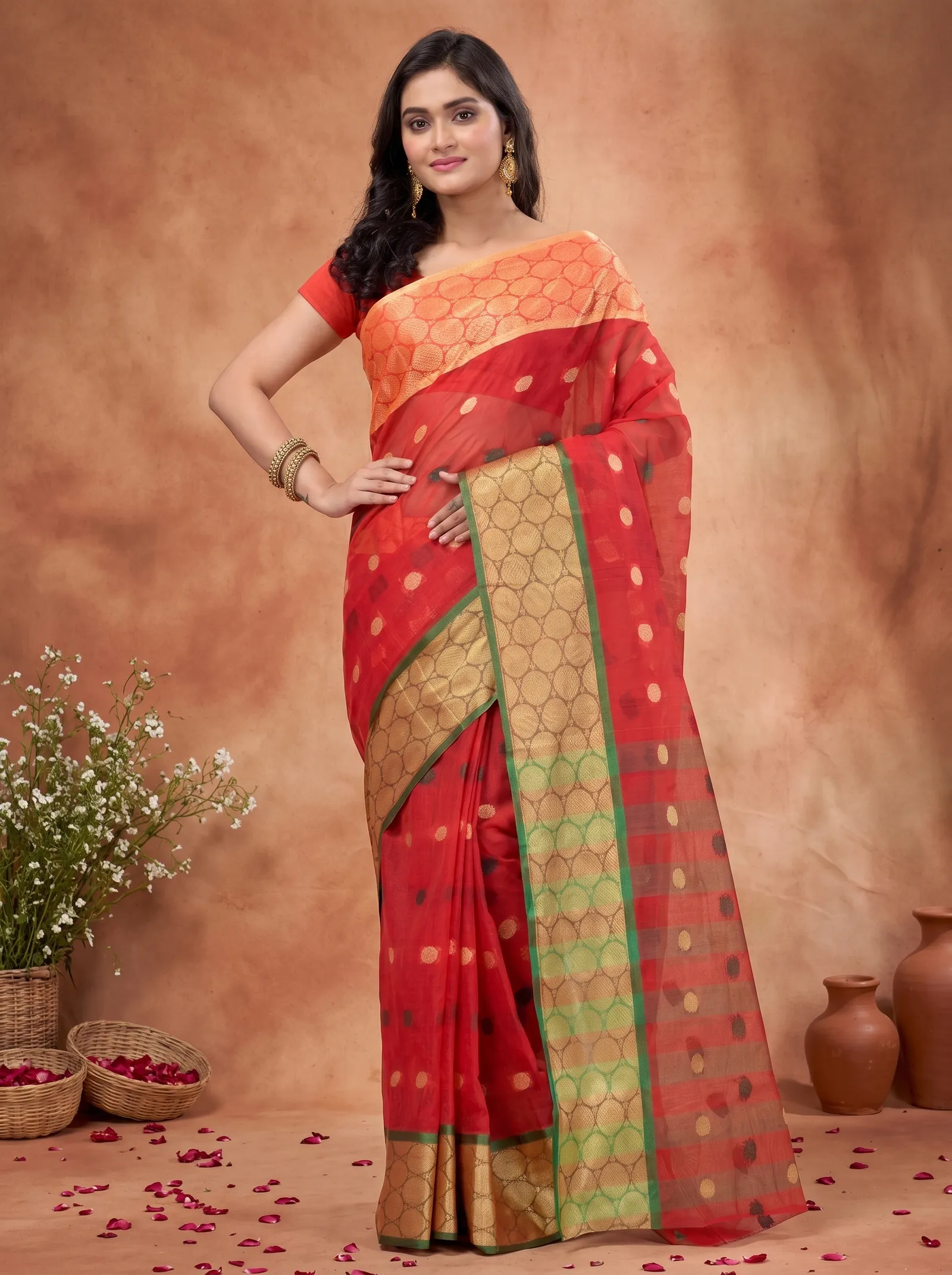 DipDiya Pure Cotton  Traditional Bengali Red Artisan Crafted Ganga Jamuna Tant Saree
