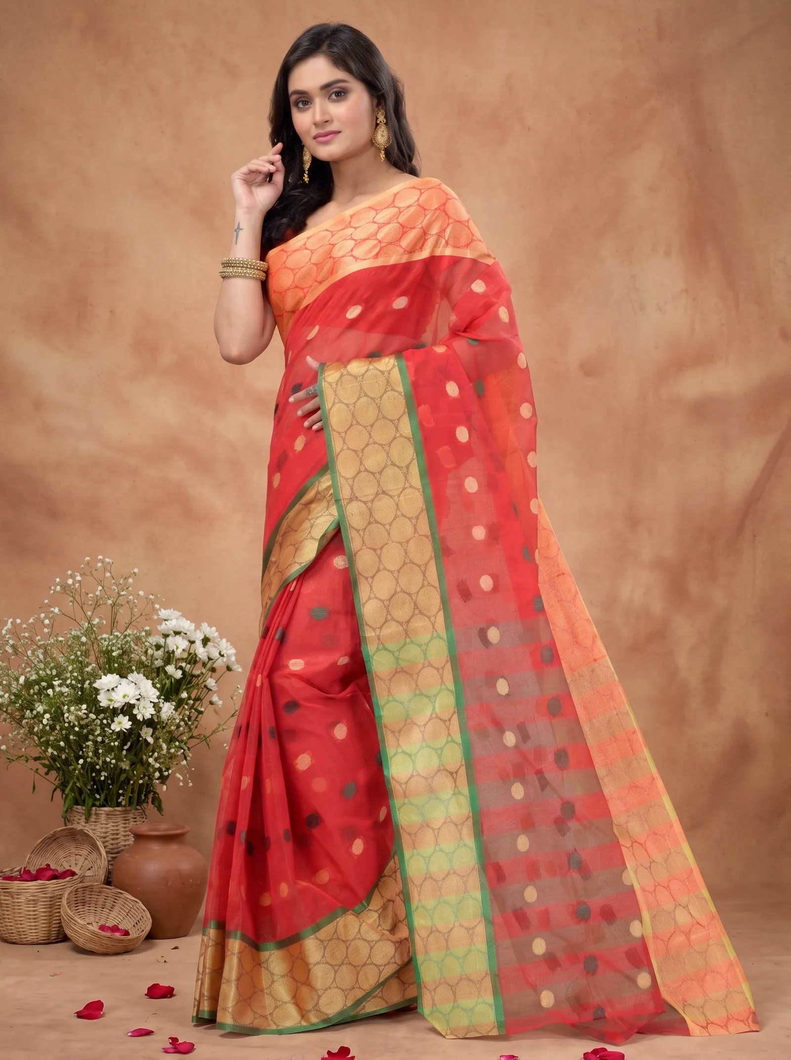 DipDiya Pure Cotton  Traditional Bengali Red Artisan Crafted Ganga Jamuna Tant Saree