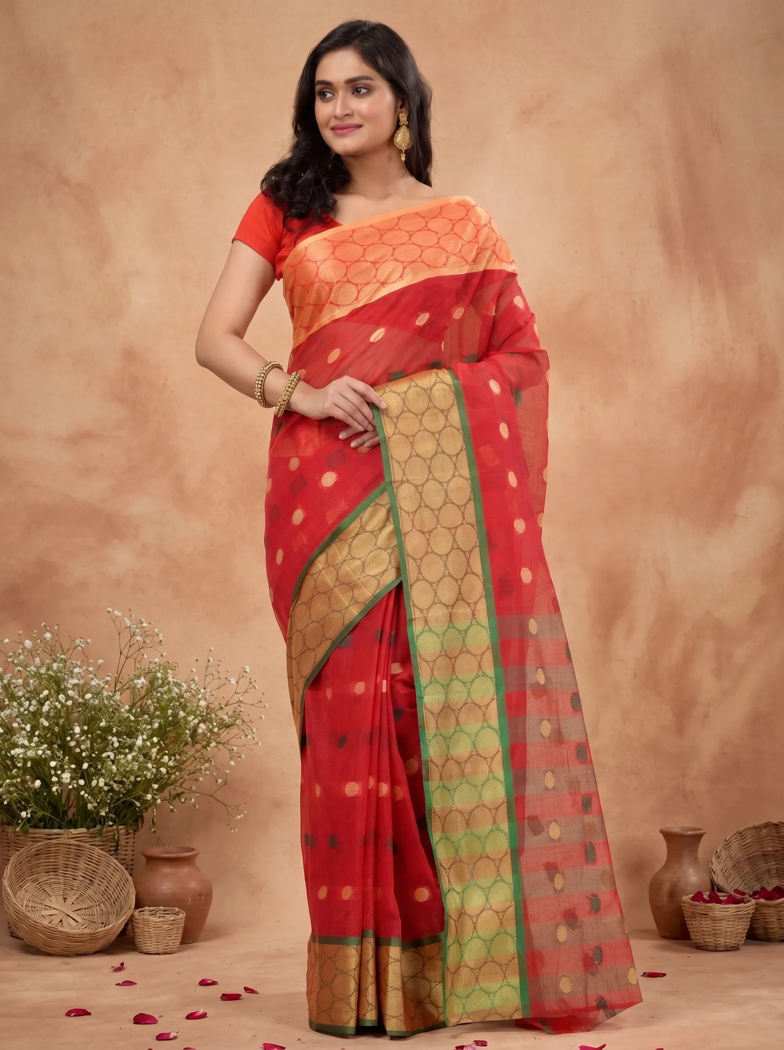 DipDiya Pure Cotton  Traditional Bengali Red Artisan Crafted Ganga Jamuna Tant Saree