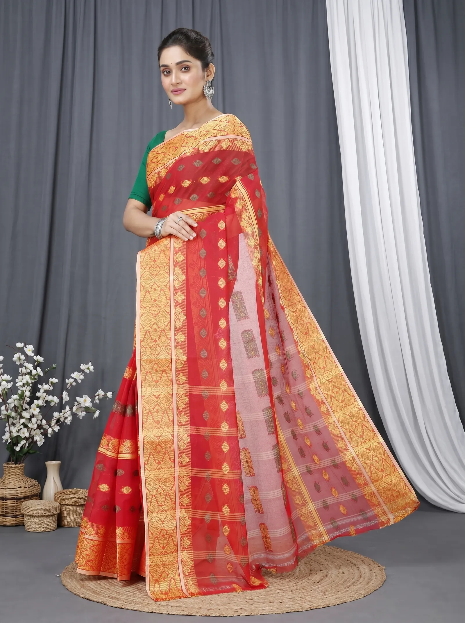 DipDiya Pure Cotton  Traditional Bengali Red Artisan Crafted Ghusoon Tant Saree