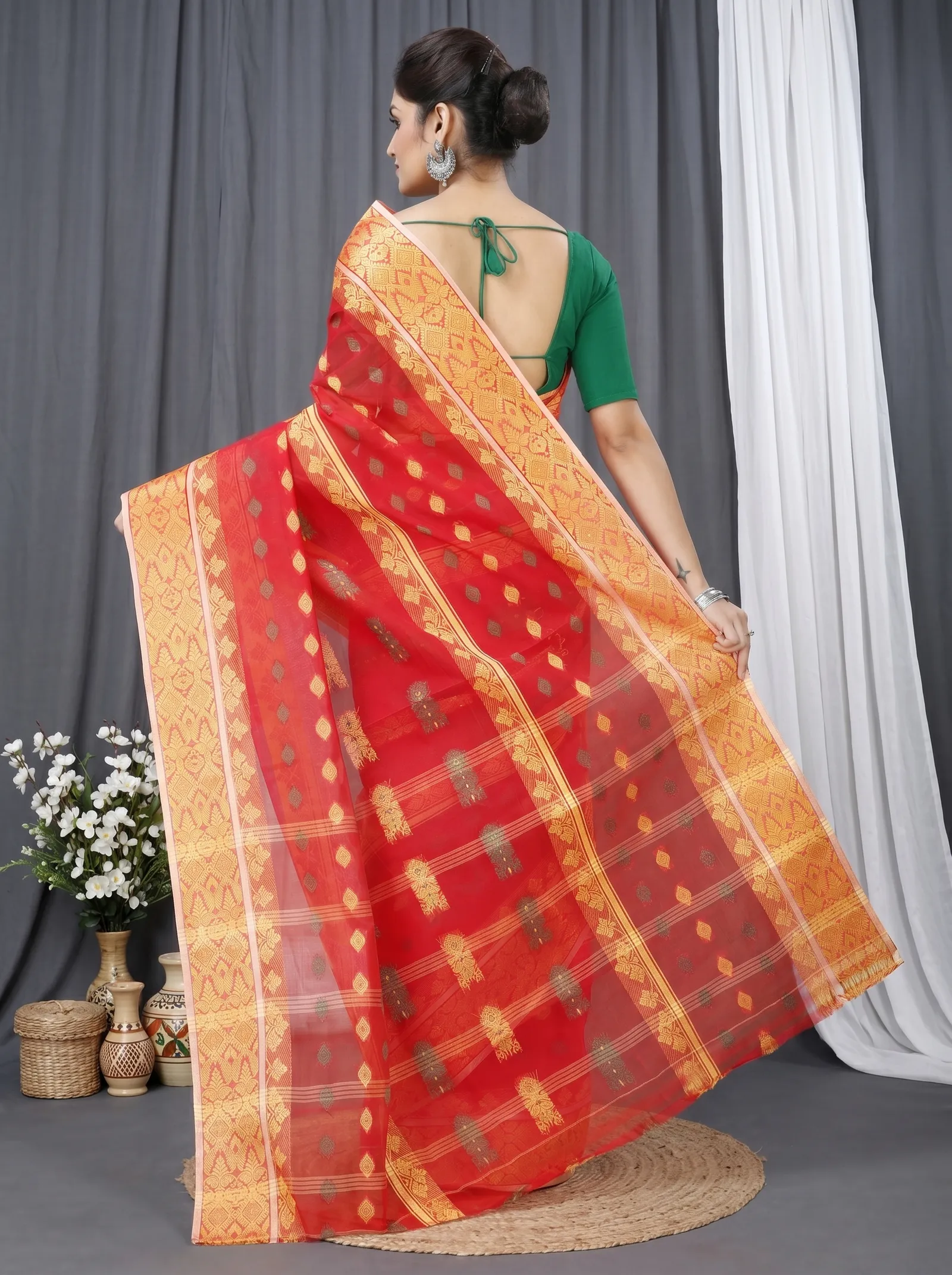 DipDiya Pure Cotton  Traditional Bengali Red Artisan Crafted Ghusoon Tant Saree