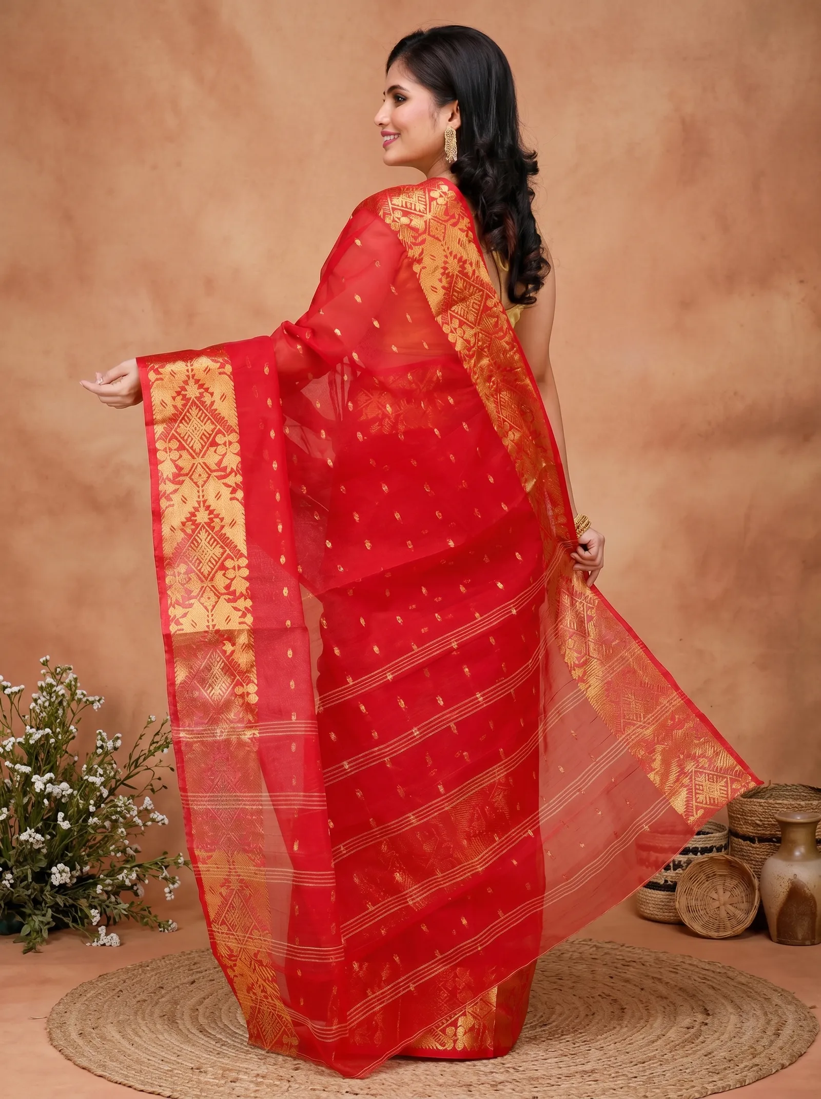 DipDiya Pure Cotton  Traditional Bengali Red Artisan Crafted Gopa Tant Saree