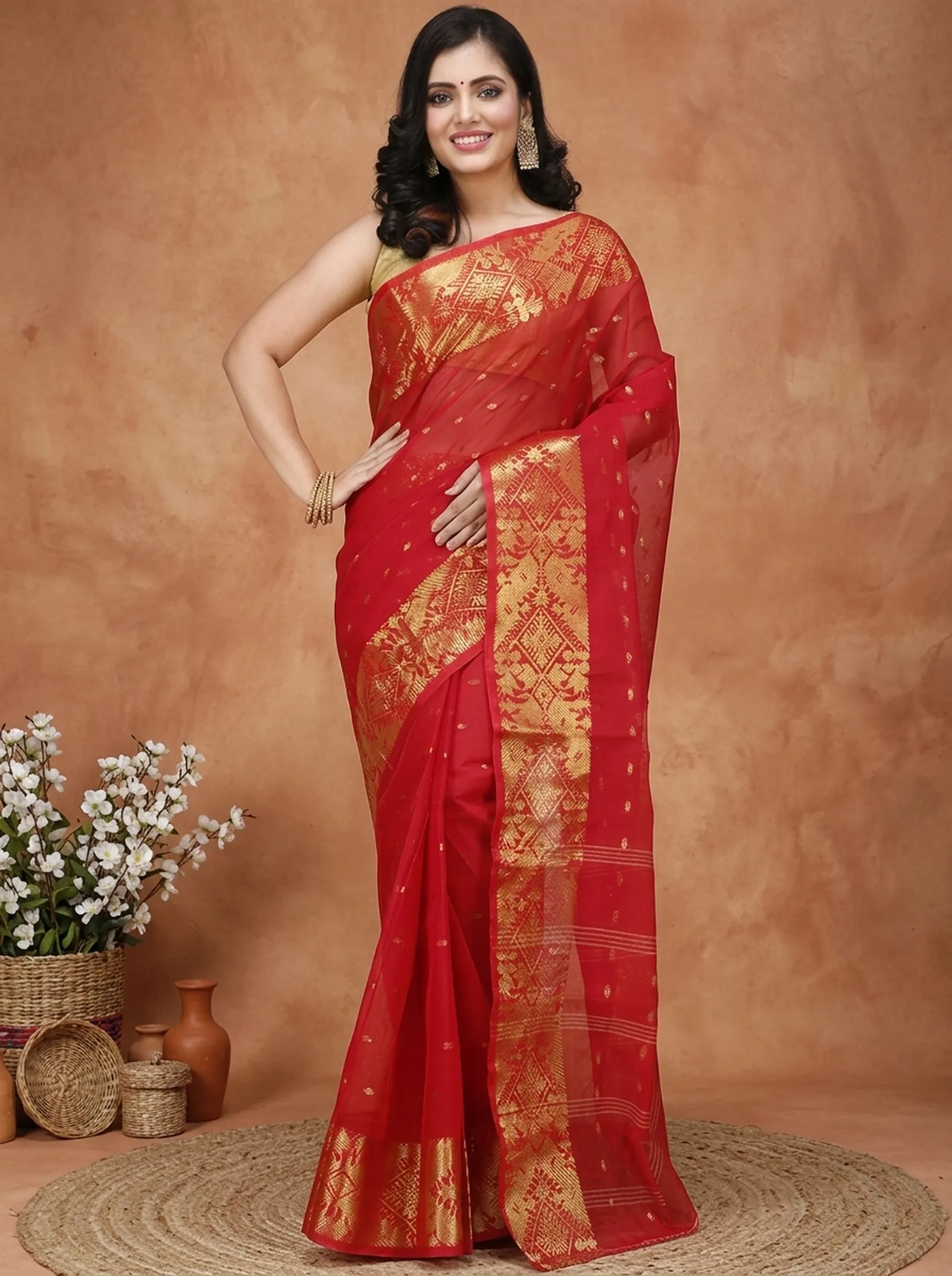 DipDiya Pure Cotton  Traditional Bengali Red Artisan Crafted Gopa Tant Saree