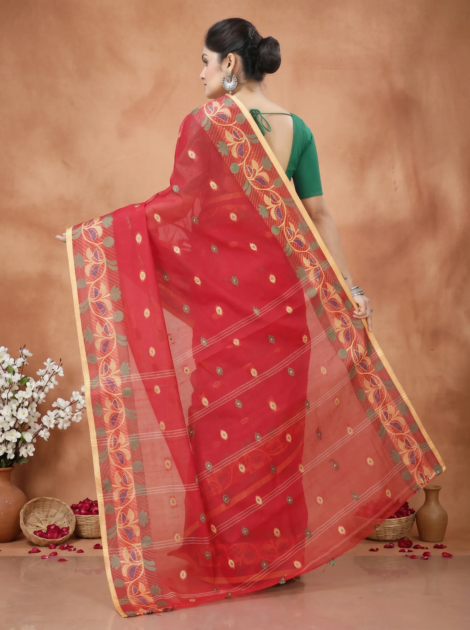 DipDiya Pure Cotton  Traditional Bengali Red Artisan Crafted Govindi Tant Saree