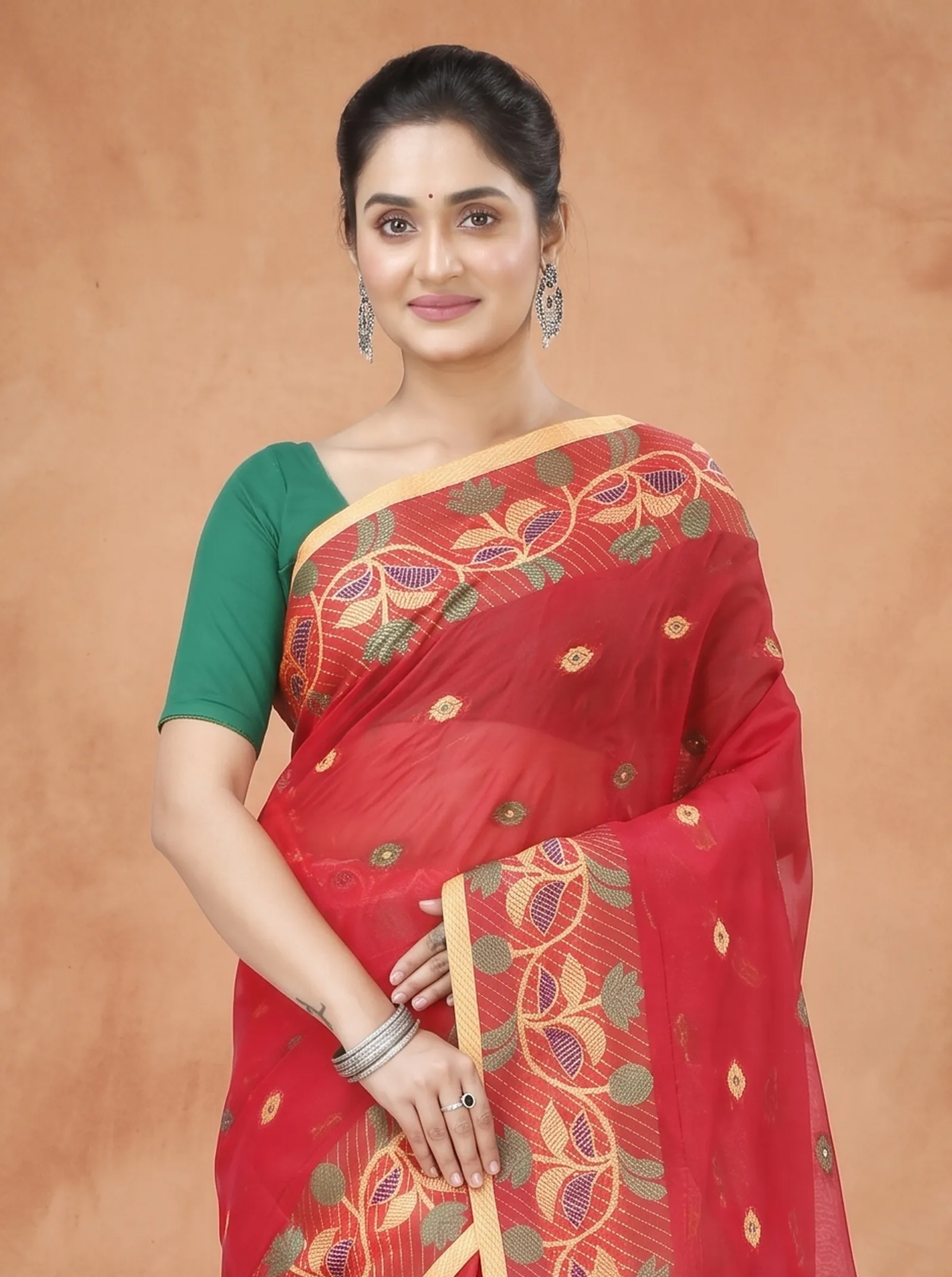 DipDiya Pure Cotton  Traditional Bengali Red Artisan Crafted Govindi Tant Saree