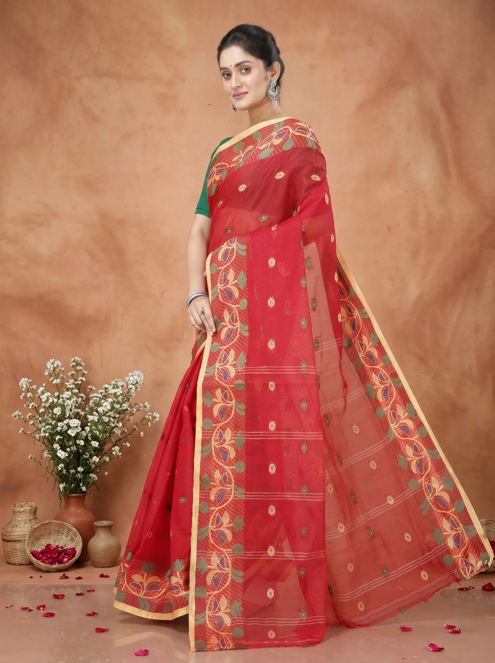DipDiya Pure Cotton  Traditional Bengali Red Artisan Crafted Govindi Tant Saree