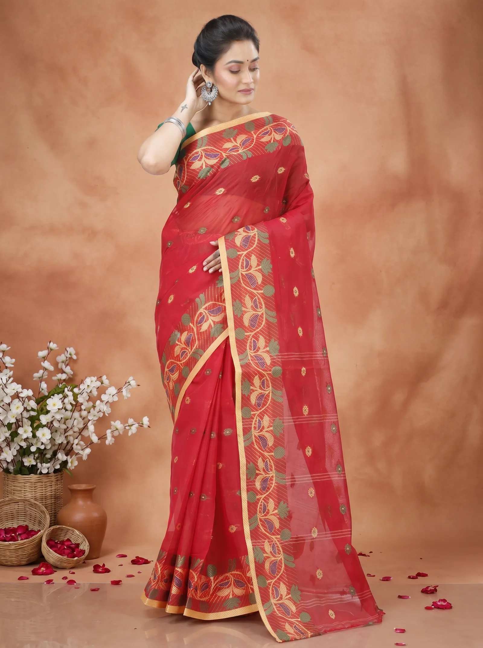 DipDiya Pure Cotton  Traditional Bengali Red Artisan Crafted Govindi Tant Saree