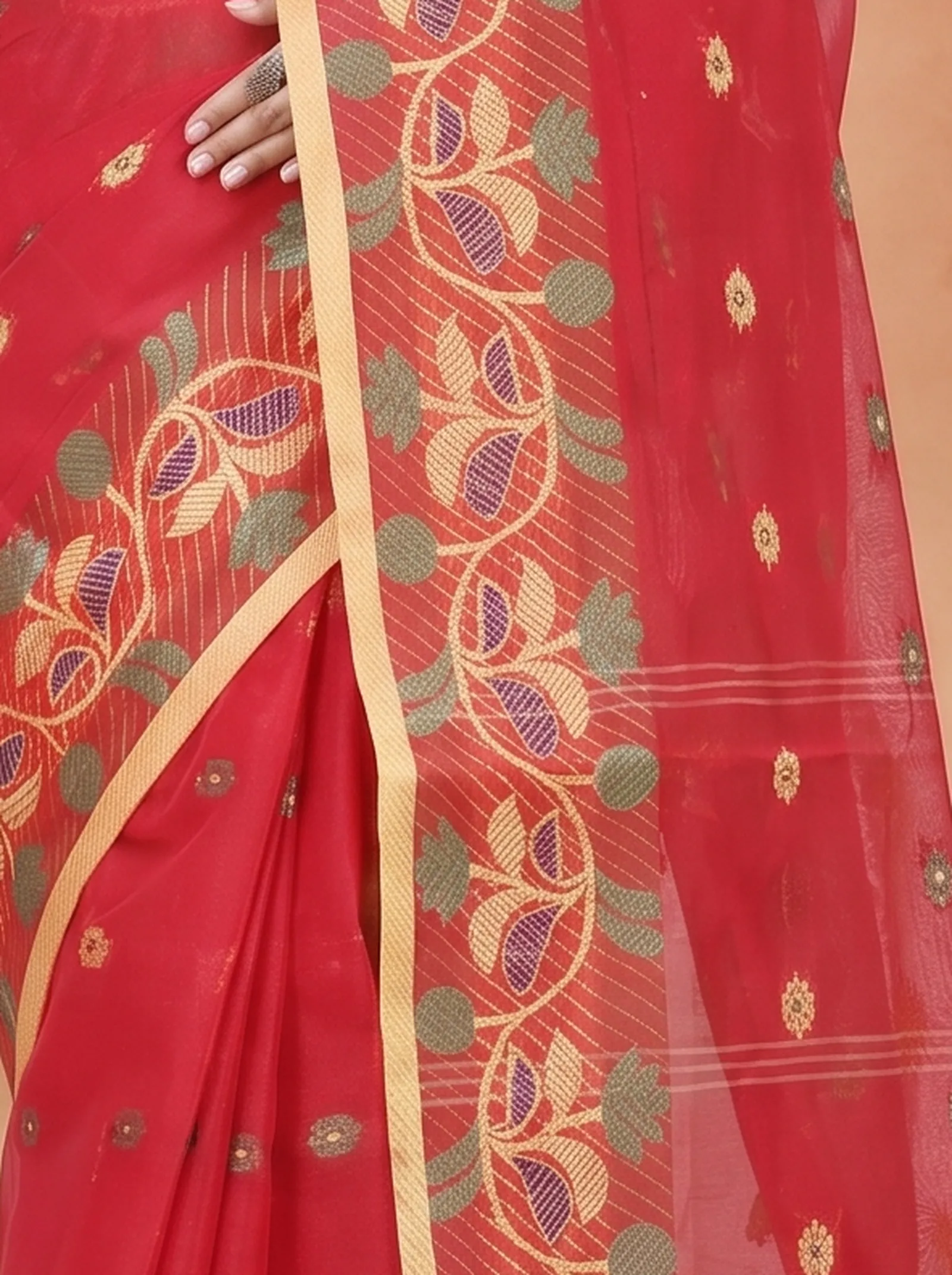 DipDiya Pure Cotton  Traditional Bengali Red Artisan Crafted Govindi Tant Saree
