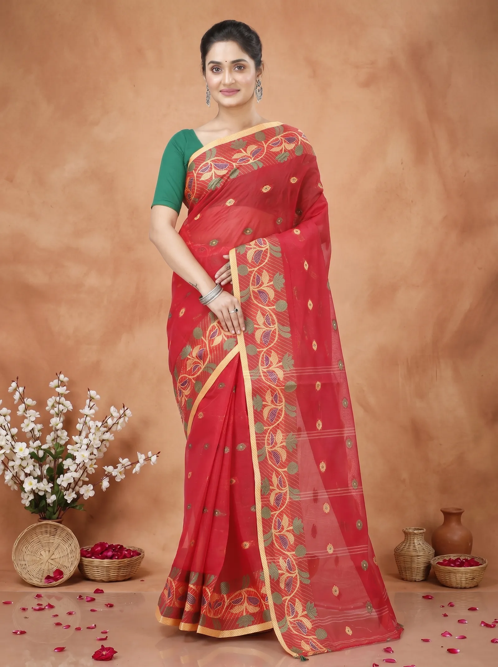 DipDiya Pure Cotton  Traditional Bengali Red Artisan Crafted Govindi Tant Saree