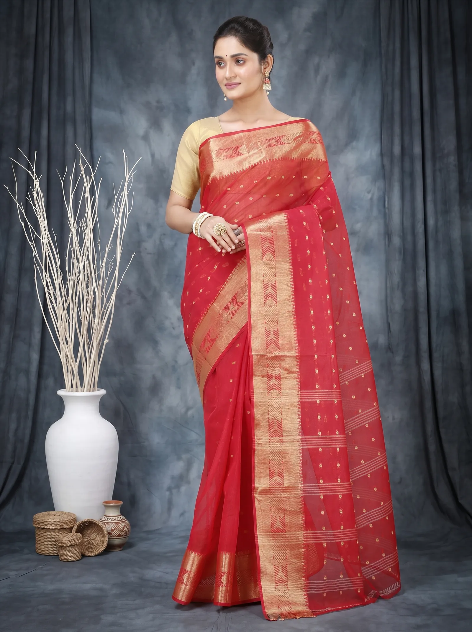 DipDiya Pure Cotton  Traditional Bengali Red Artisan Crafted Griva Tant Saree