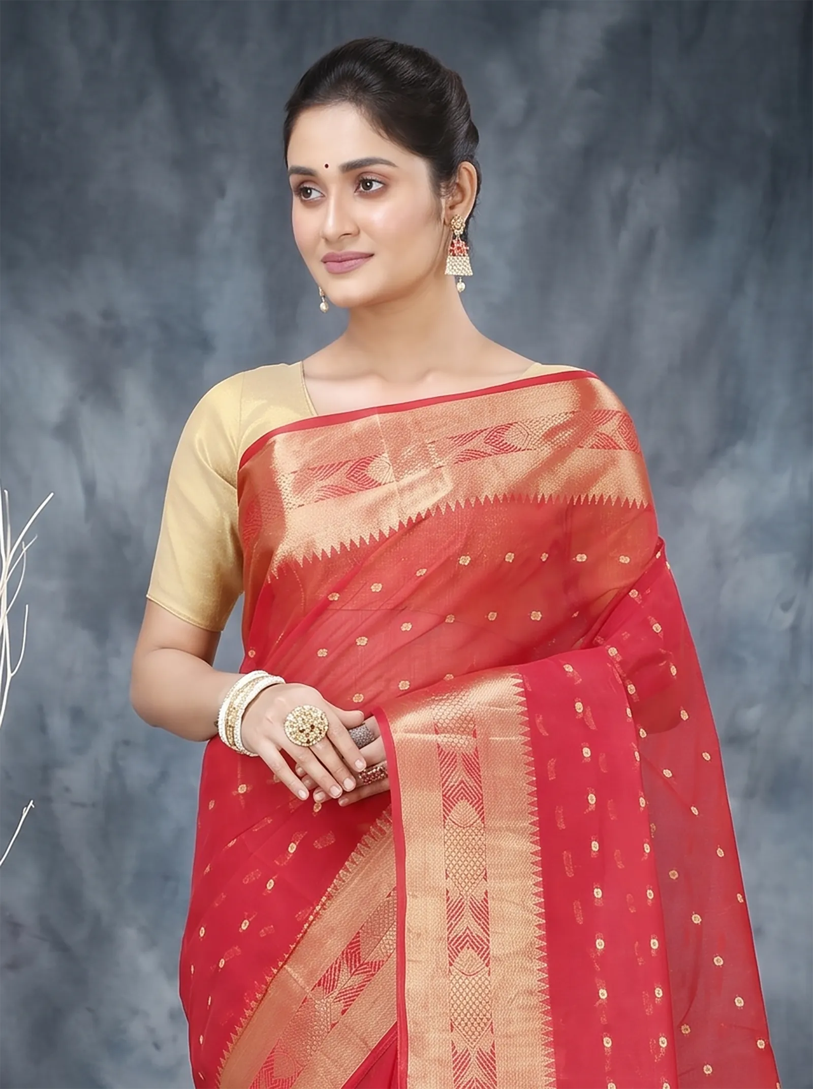DipDiya Pure Cotton  Traditional Bengali Red Artisan Crafted Griva Tant Saree