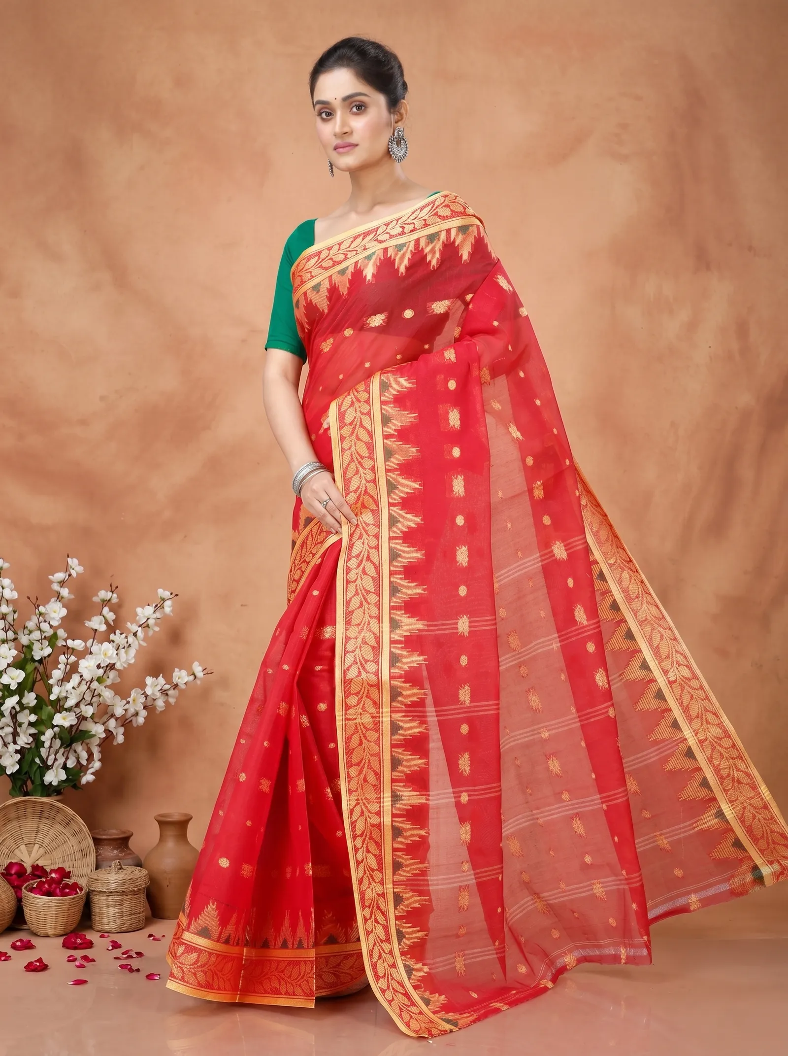 DipDiya Pure Cotton  Traditional Bengali Red Artisan Crafted Gunjan Tant Saree