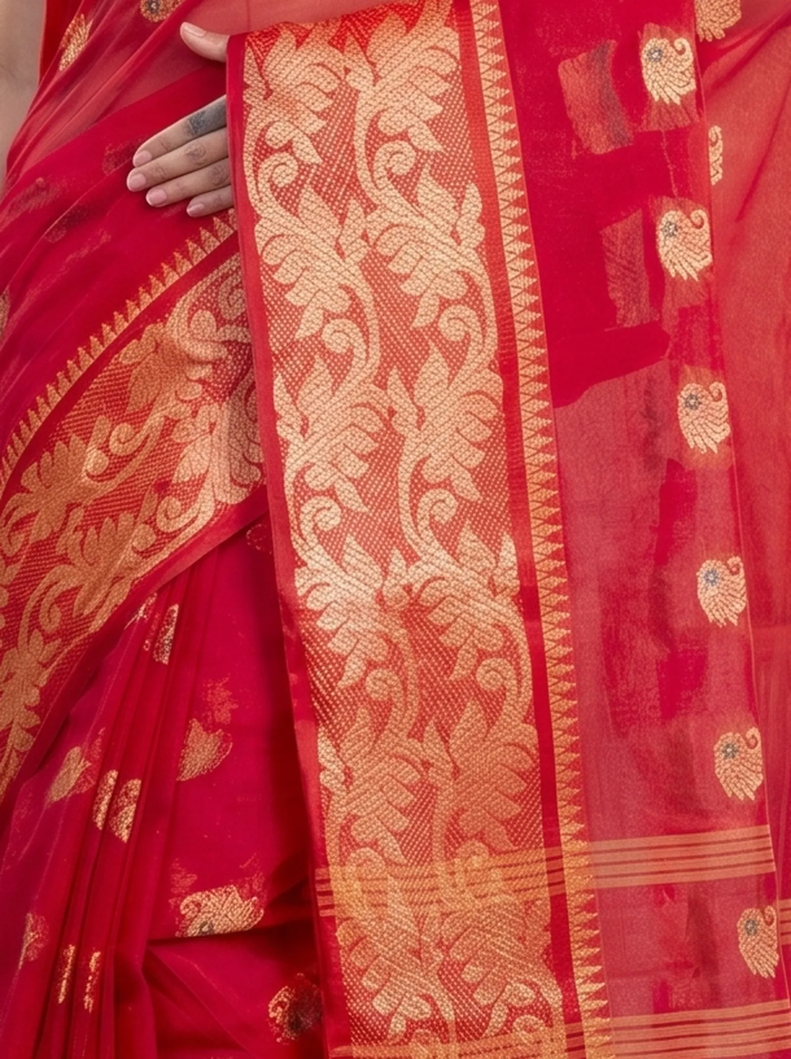 DipDiya Pure Cotton  Traditional Bengali Red Artisan Crafted HasFul Tant Saree