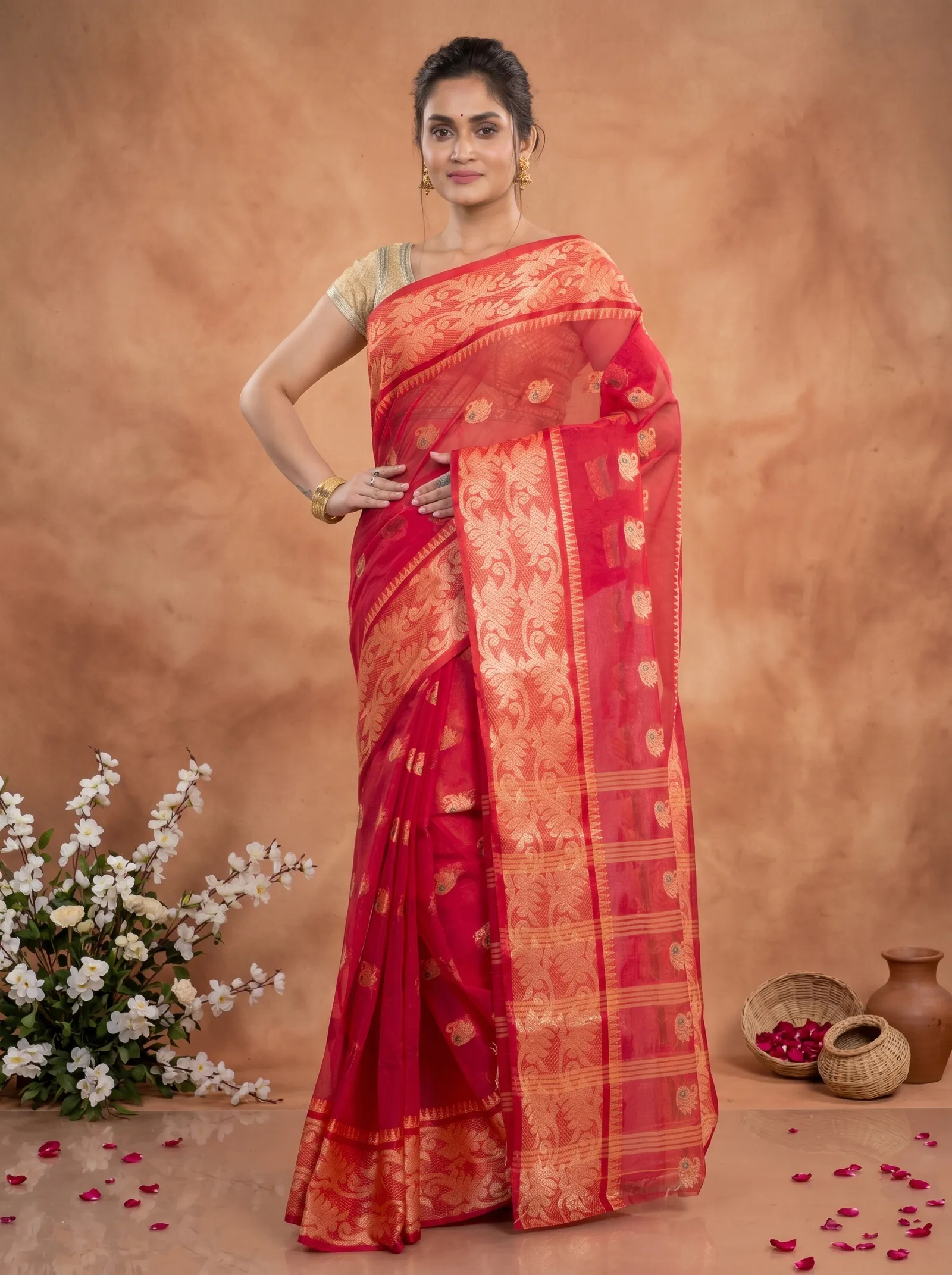 DipDiya Pure Cotton  Traditional Bengali Red Artisan Crafted HasFul Tant Saree