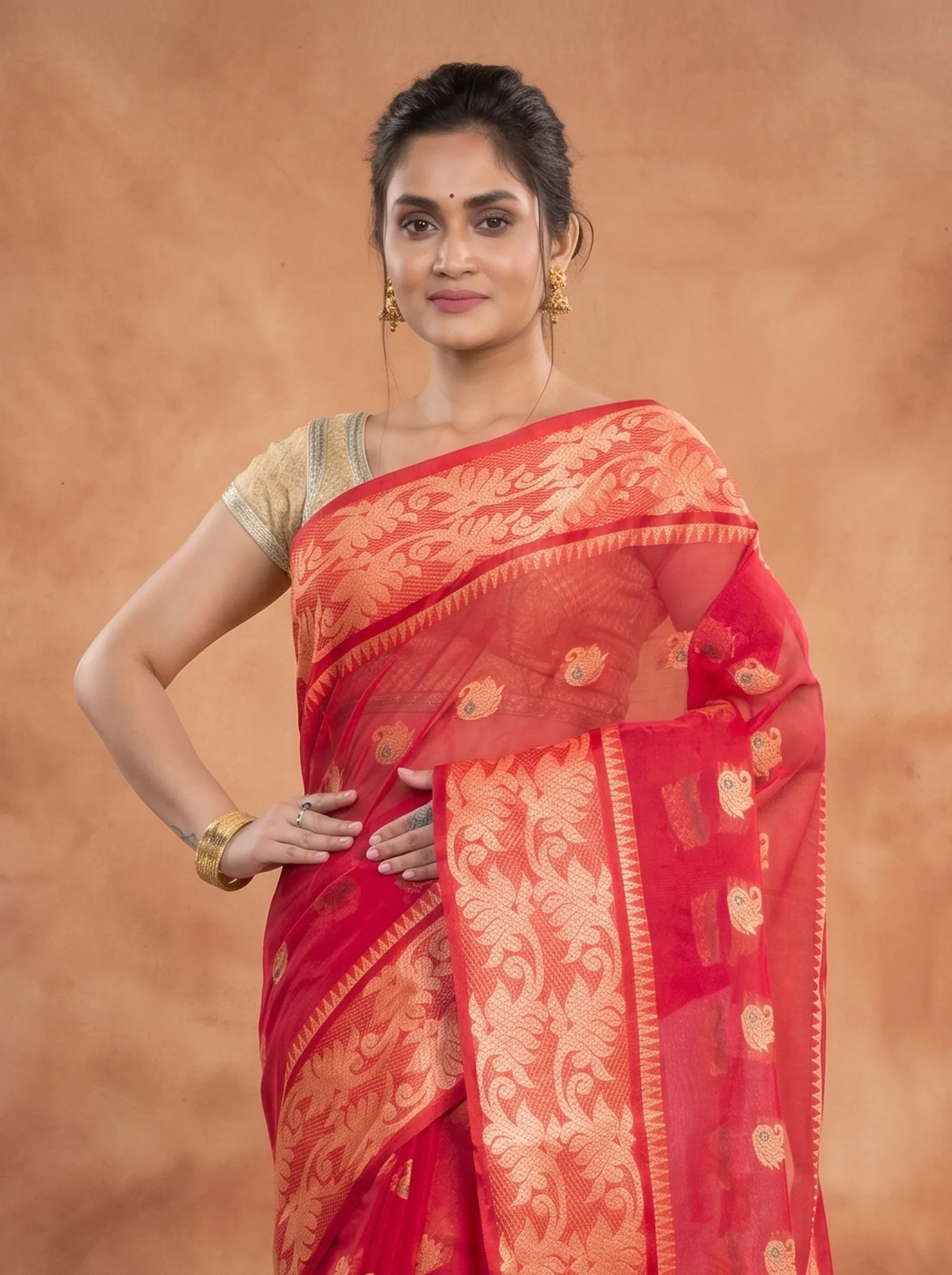 DipDiya Pure Cotton  Traditional Bengali Red Artisan Crafted HasFul Tant Saree