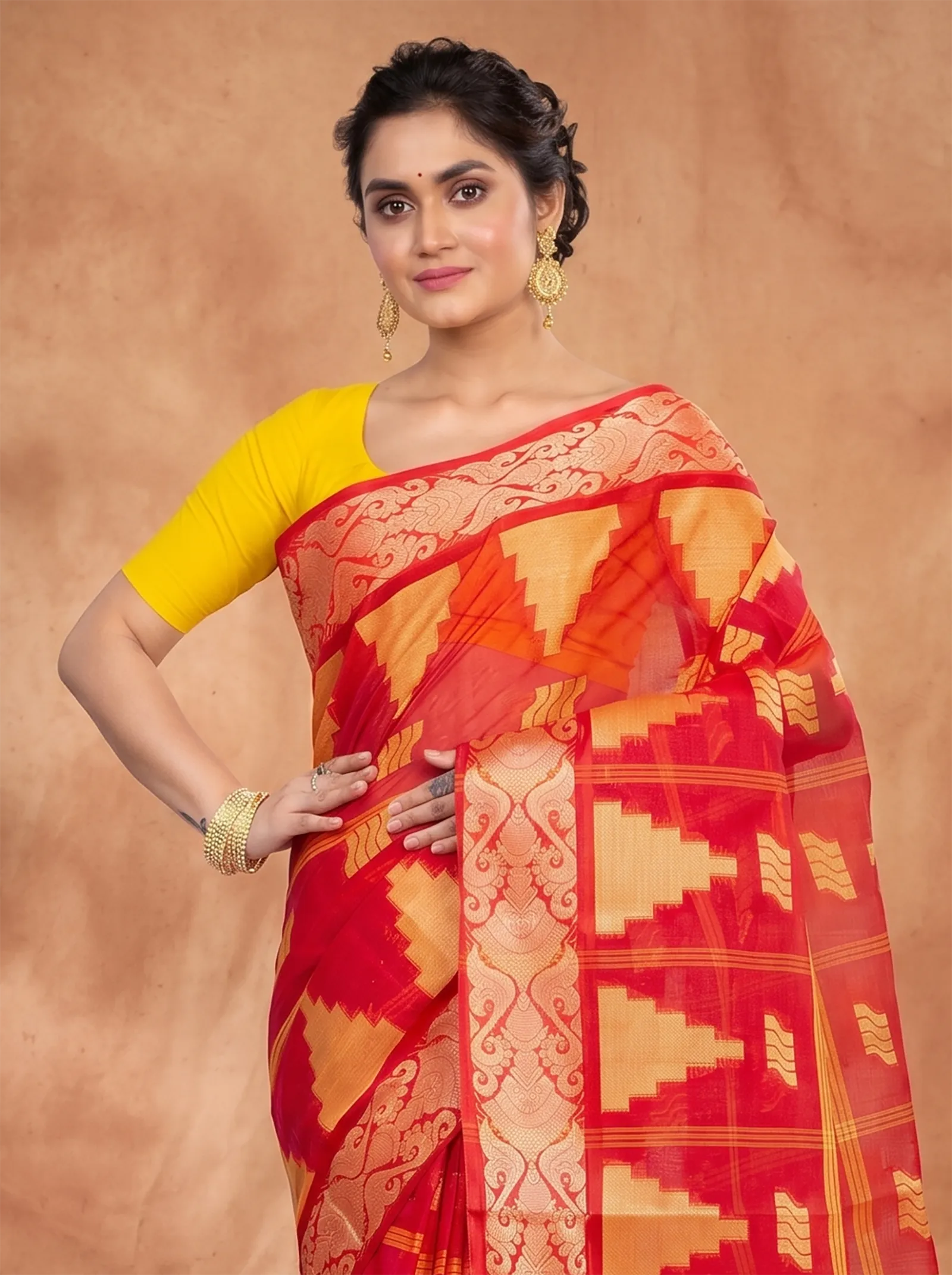 DipDiya Pure Cotton  Traditional Bengali Red Artisan Crafted Kamala Desiging Tant Saree