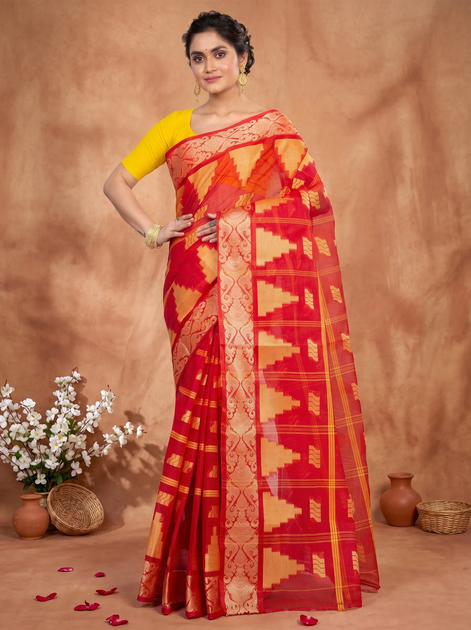DipDiya Pure Cotton  Traditional Bengali Red Artisan Crafted Kamala Desiging Tant Saree
