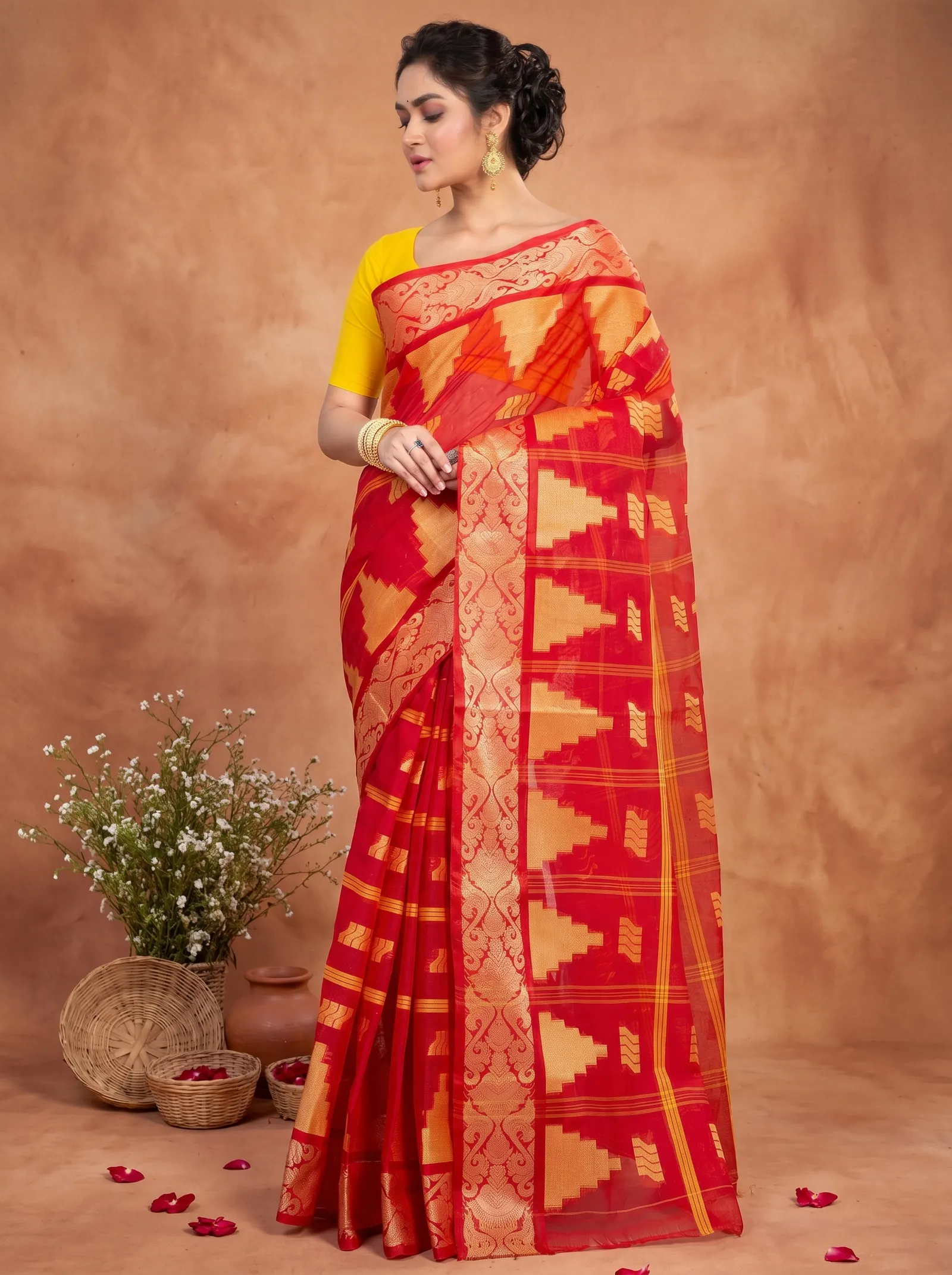 DipDiya Pure Cotton  Traditional Bengali Red Artisan Crafted Kamala Desiging Tant Saree