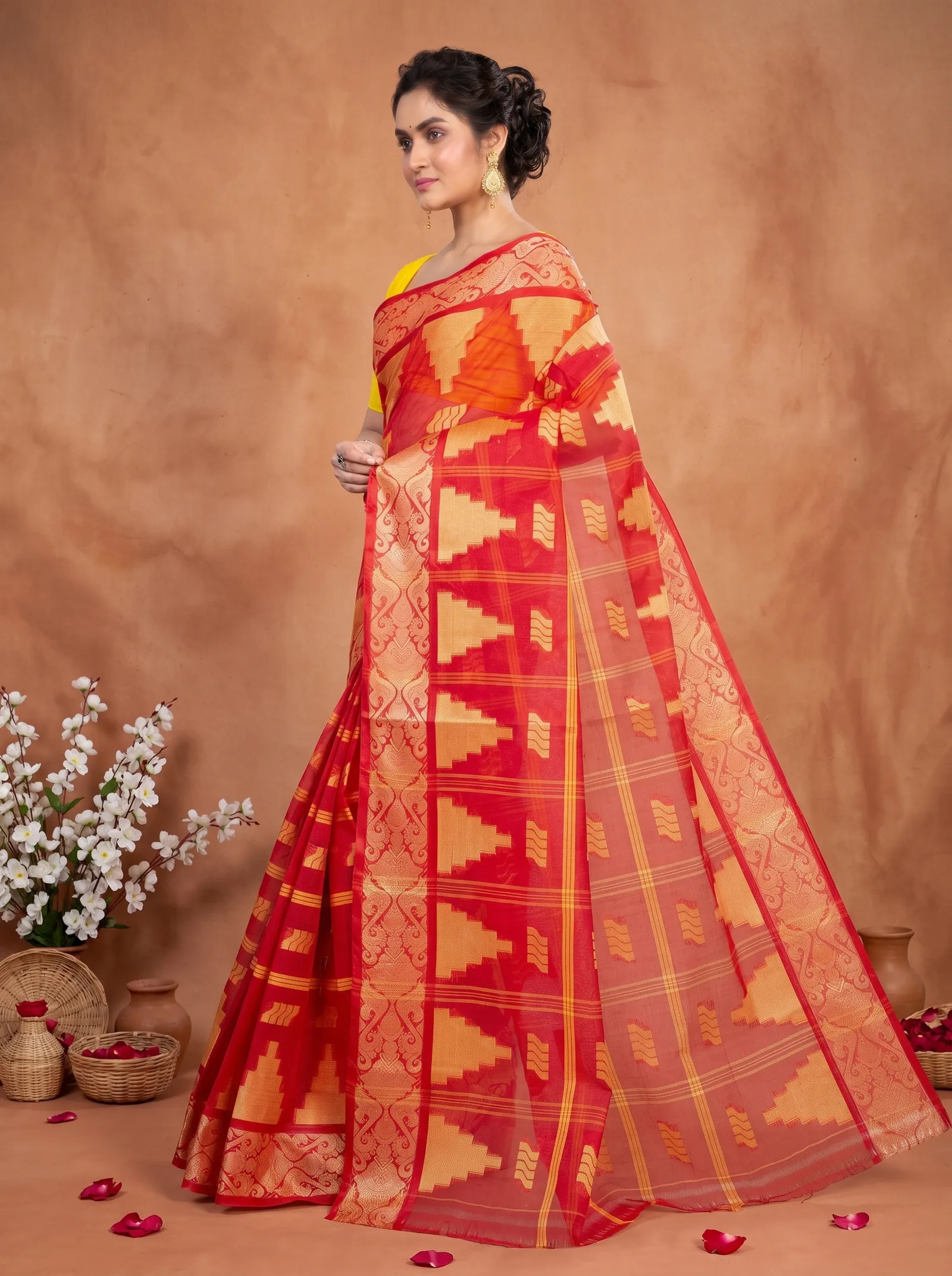 DipDiya Pure Cotton  Traditional Bengali Red Artisan Crafted Kamala Desiging Tant Saree