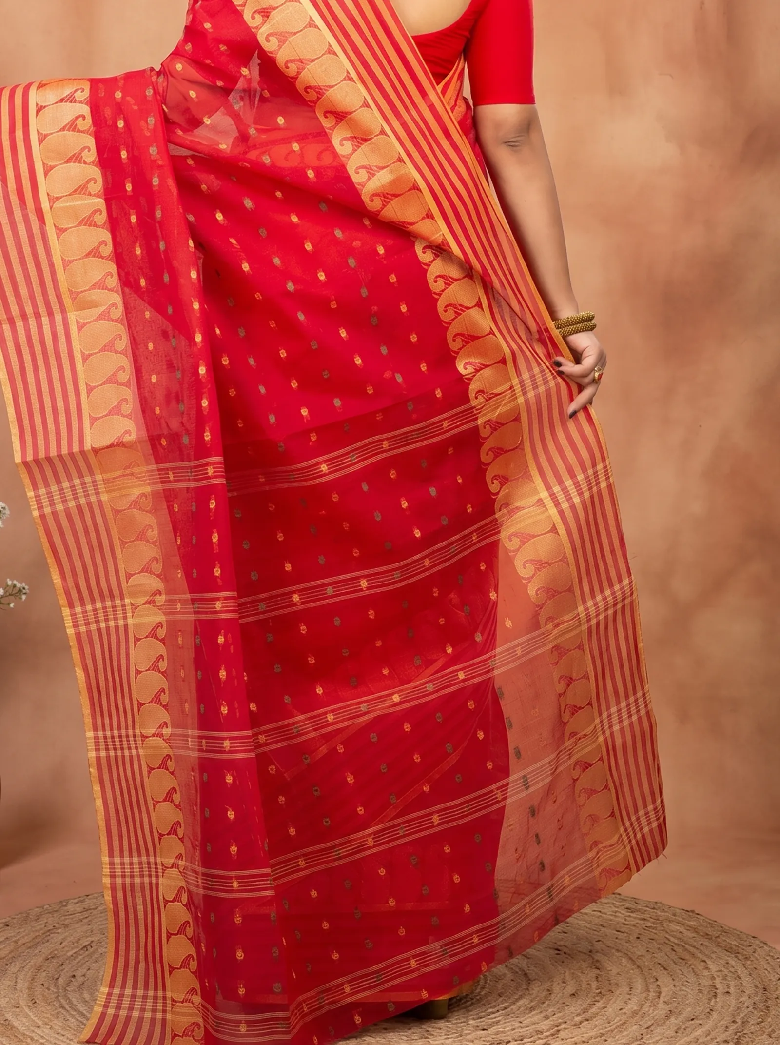 DipDiya Pure Cotton  Traditional Bengali Red Artisan Crafted Moti Buti Tant Saree