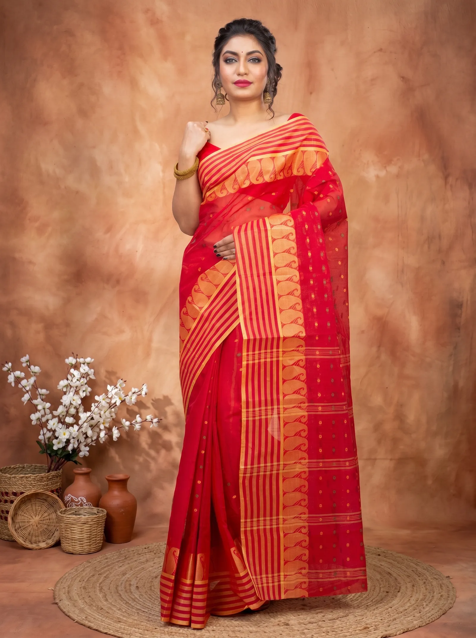 DipDiya Pure Cotton  Traditional Bengali Red Artisan Crafted Moti Buti Tant Saree