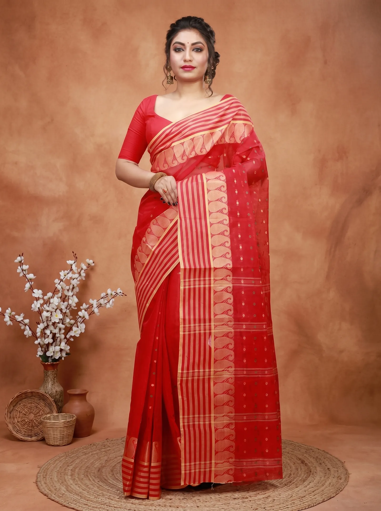 DipDiya Pure Cotton  Traditional Bengali Red Artisan Crafted Moti Buti Tant Saree
