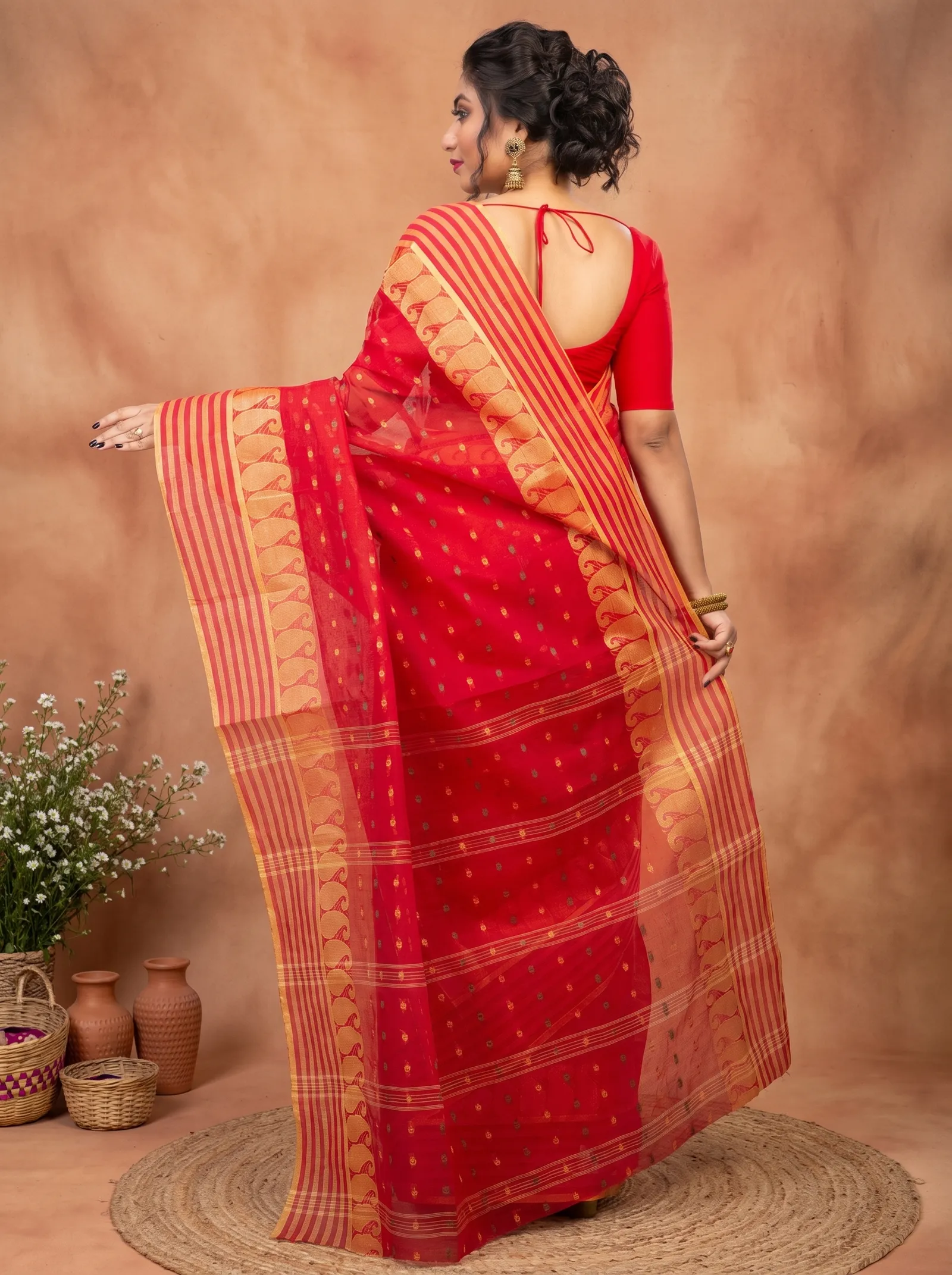 DipDiya Pure Cotton  Traditional Bengali Red Artisan Crafted Moti Buti Tant Saree