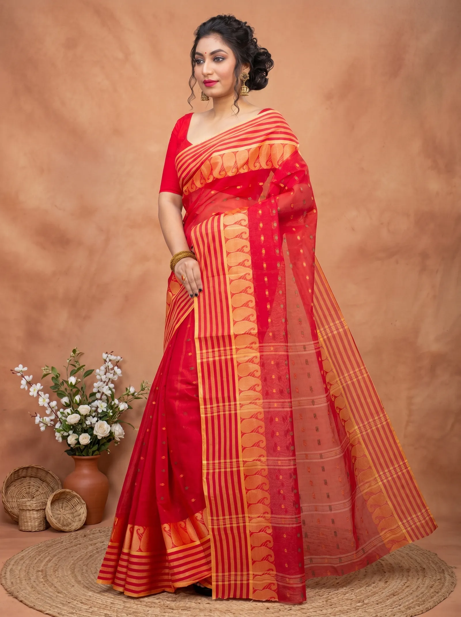 DipDiya Pure Cotton  Traditional Bengali Red Artisan Crafted Moti Buti Tant Saree