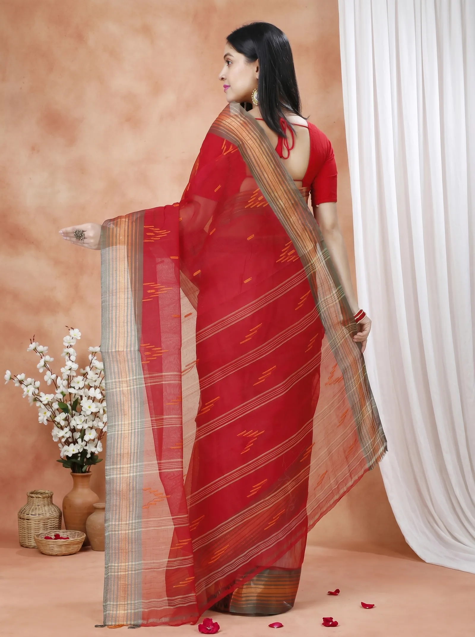DipDiya Pure Cotton  Traditional Bengali Red Artisan Crafted Naman Tant Saree