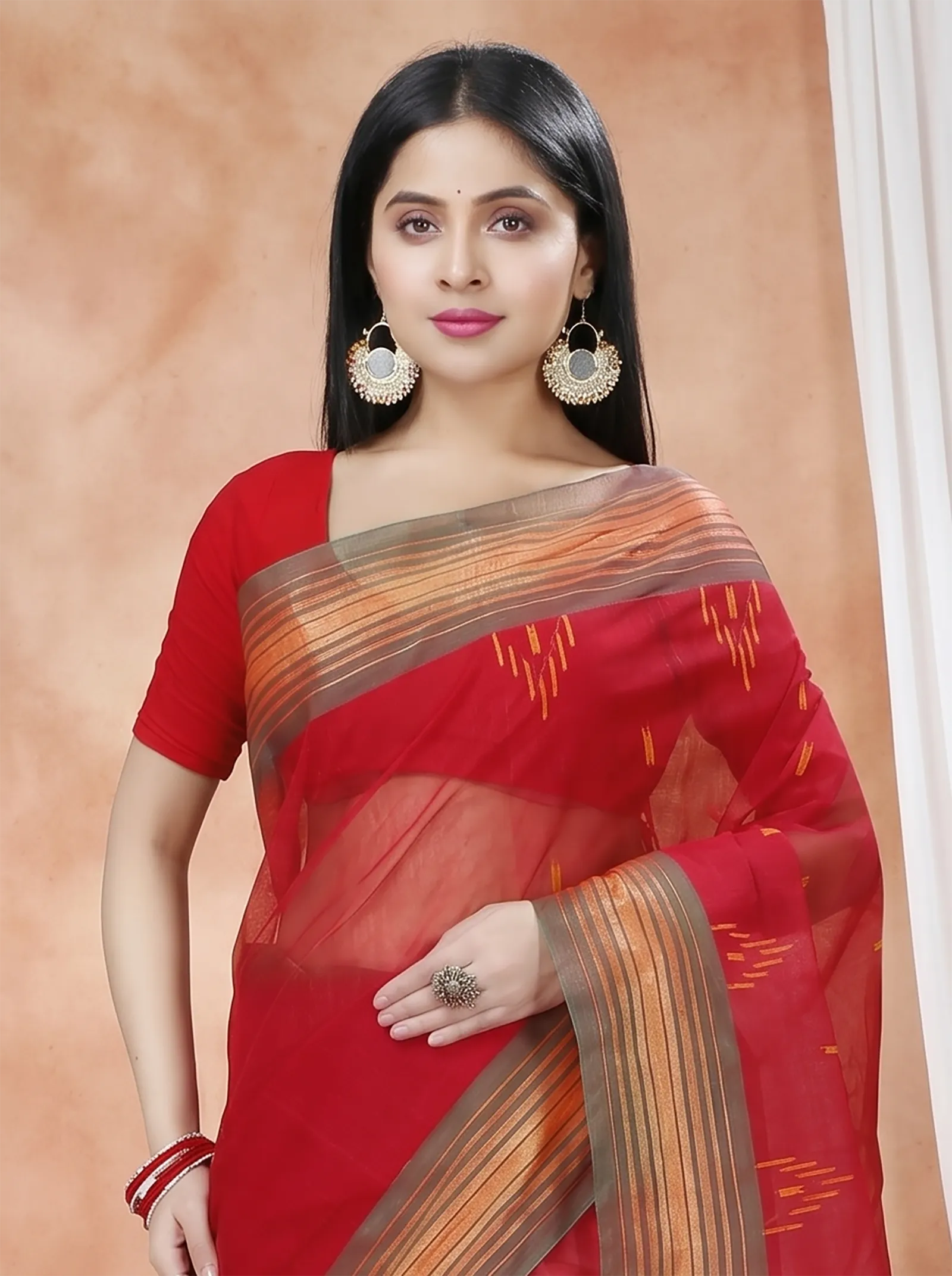 DipDiya Pure Cotton  Traditional Bengali Red Artisan Crafted Naman Tant Saree