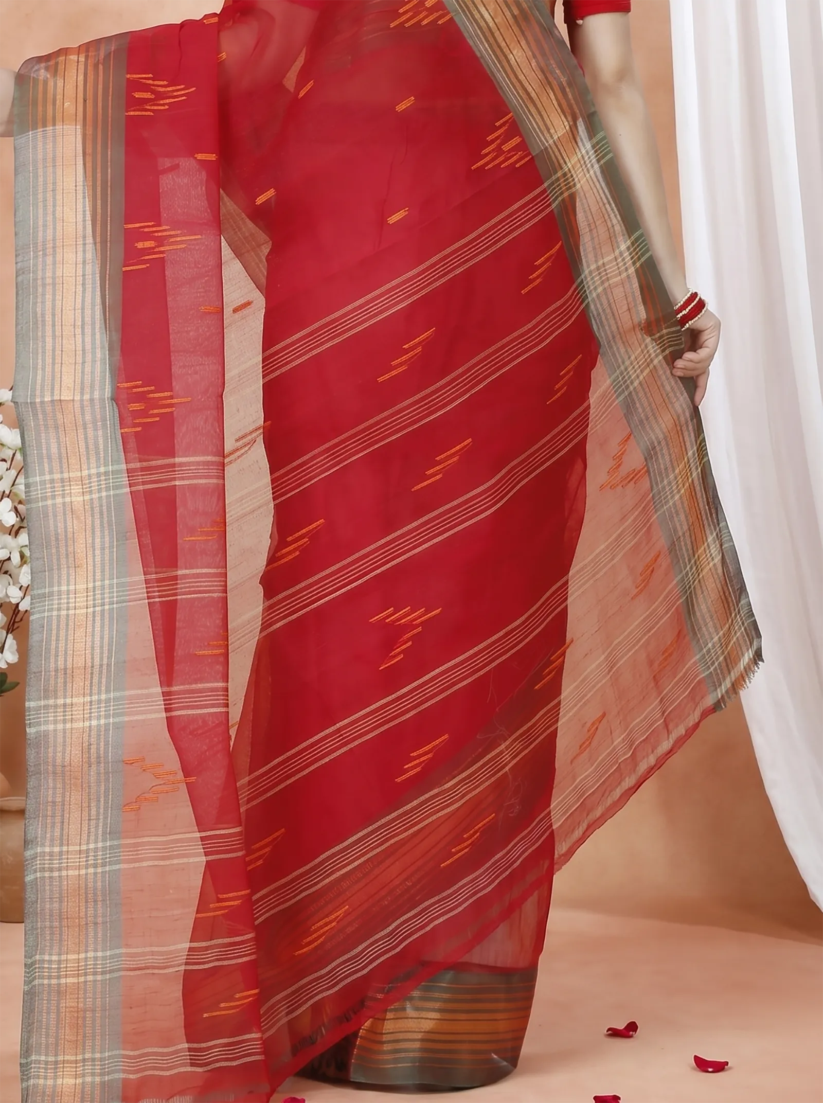 DipDiya Pure Cotton  Traditional Bengali Red Artisan Crafted Naman Tant Saree