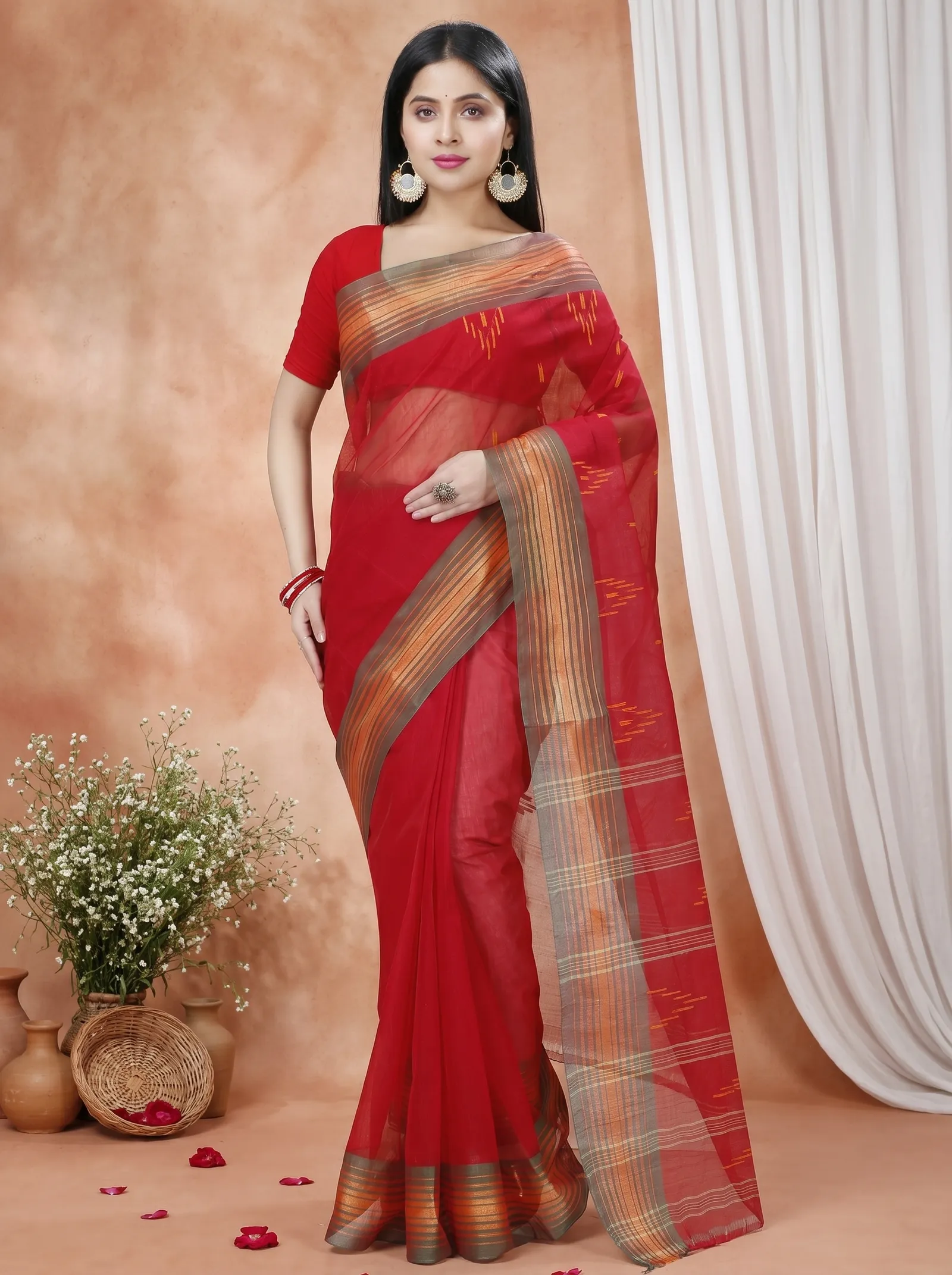 DipDiya Pure Cotton  Traditional Bengali Red Artisan Crafted Naman Tant Saree