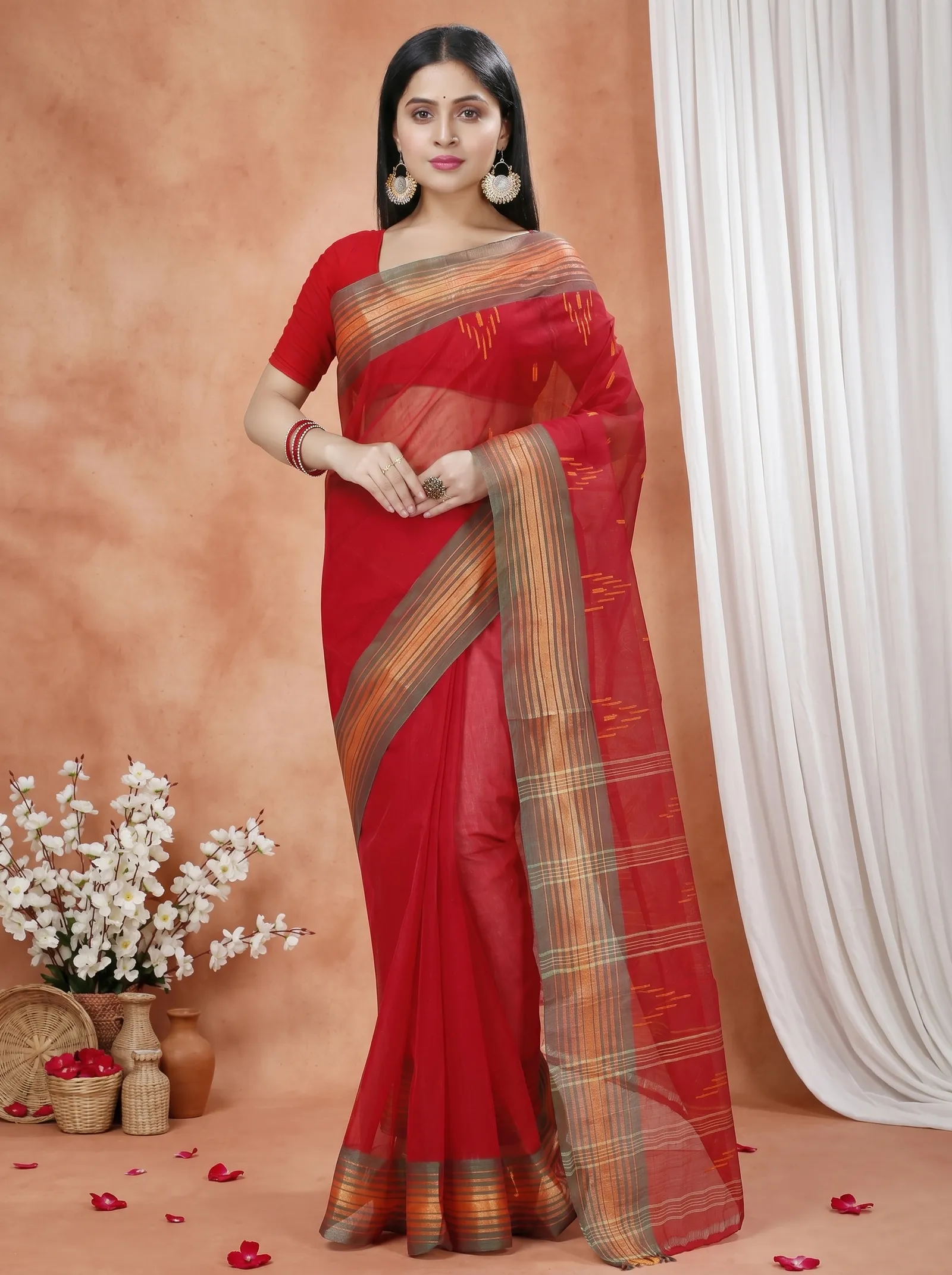 DipDiya Pure Cotton  Traditional Bengali Red Artisan Crafted Naman Tant Saree