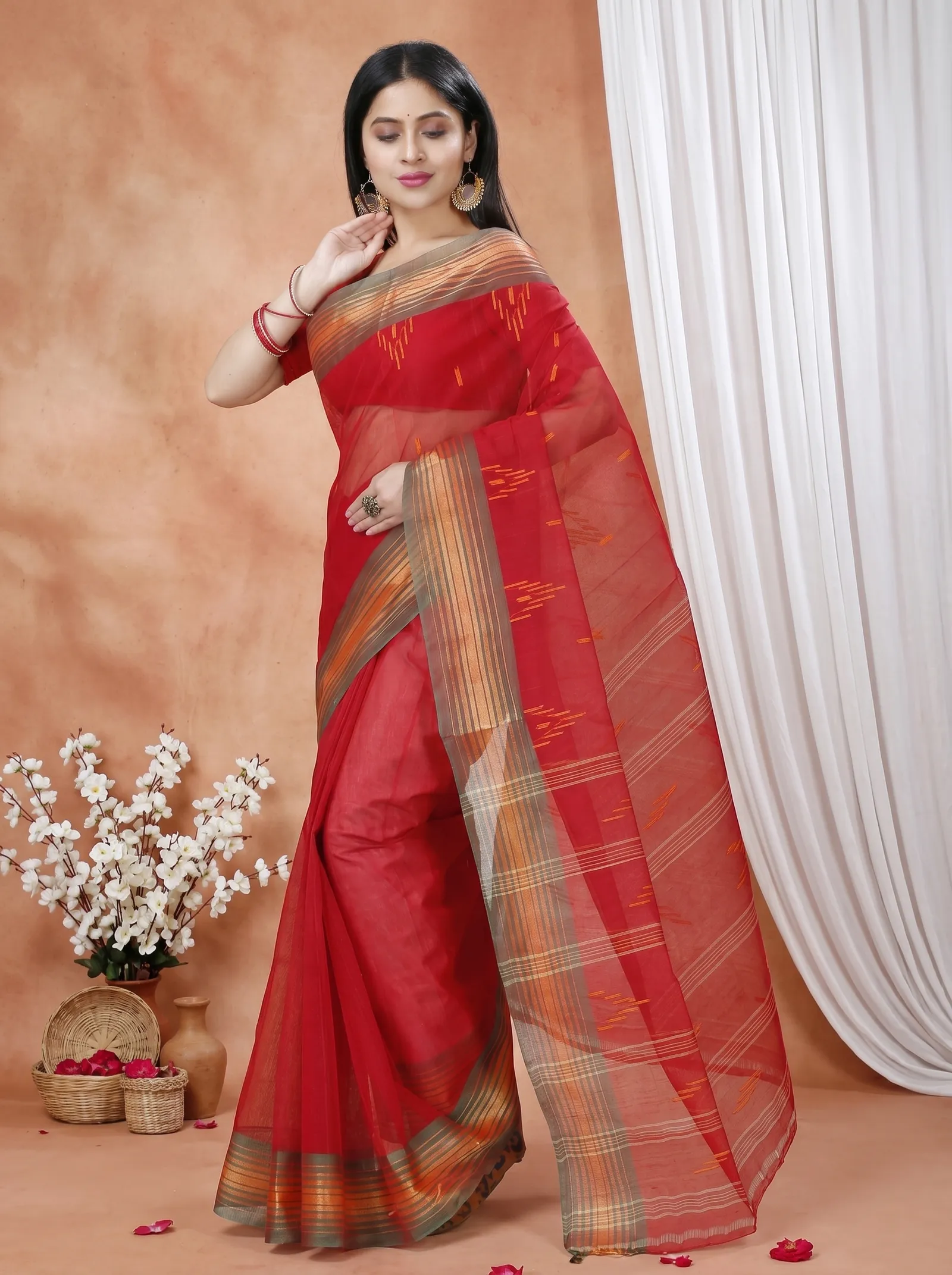 DipDiya Pure Cotton  Traditional Bengali Red Artisan Crafted Naman Tant Saree