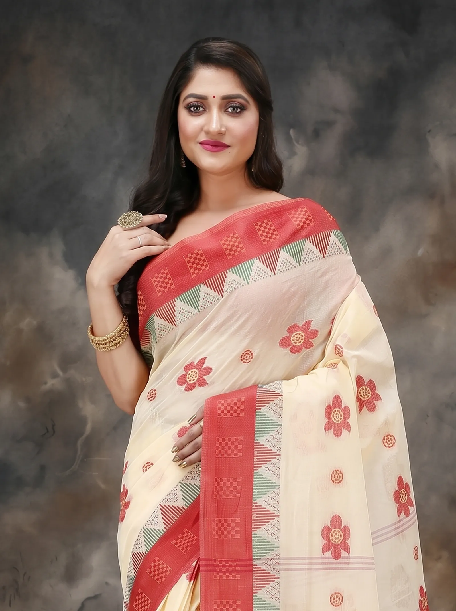 DipDiya Pure Cotton  Traditional Bengali Red Artisan Crafted Palasful Tant Saree