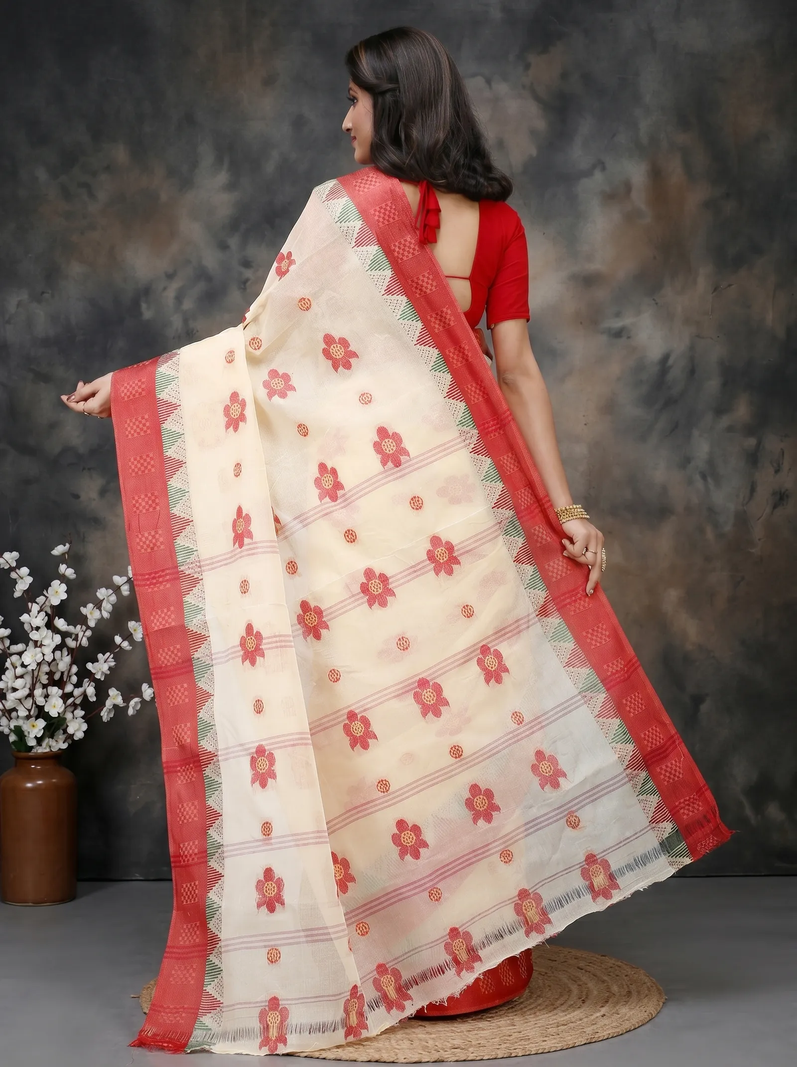 DipDiya Pure Cotton  Traditional Bengali Red Artisan Crafted Palasful Tant Saree