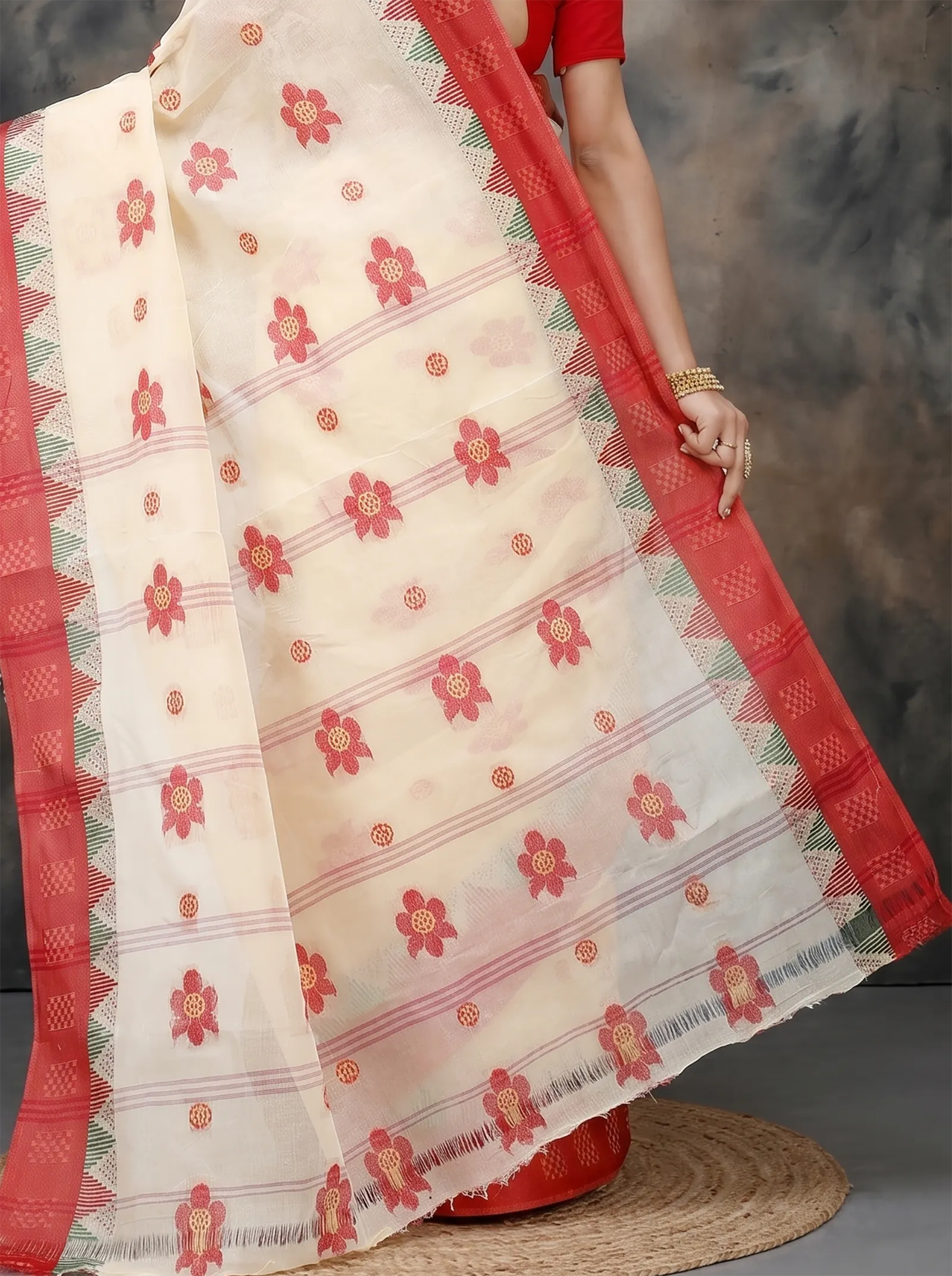DipDiya Pure Cotton  Traditional Bengali Red Artisan Crafted Palasful Tant Saree